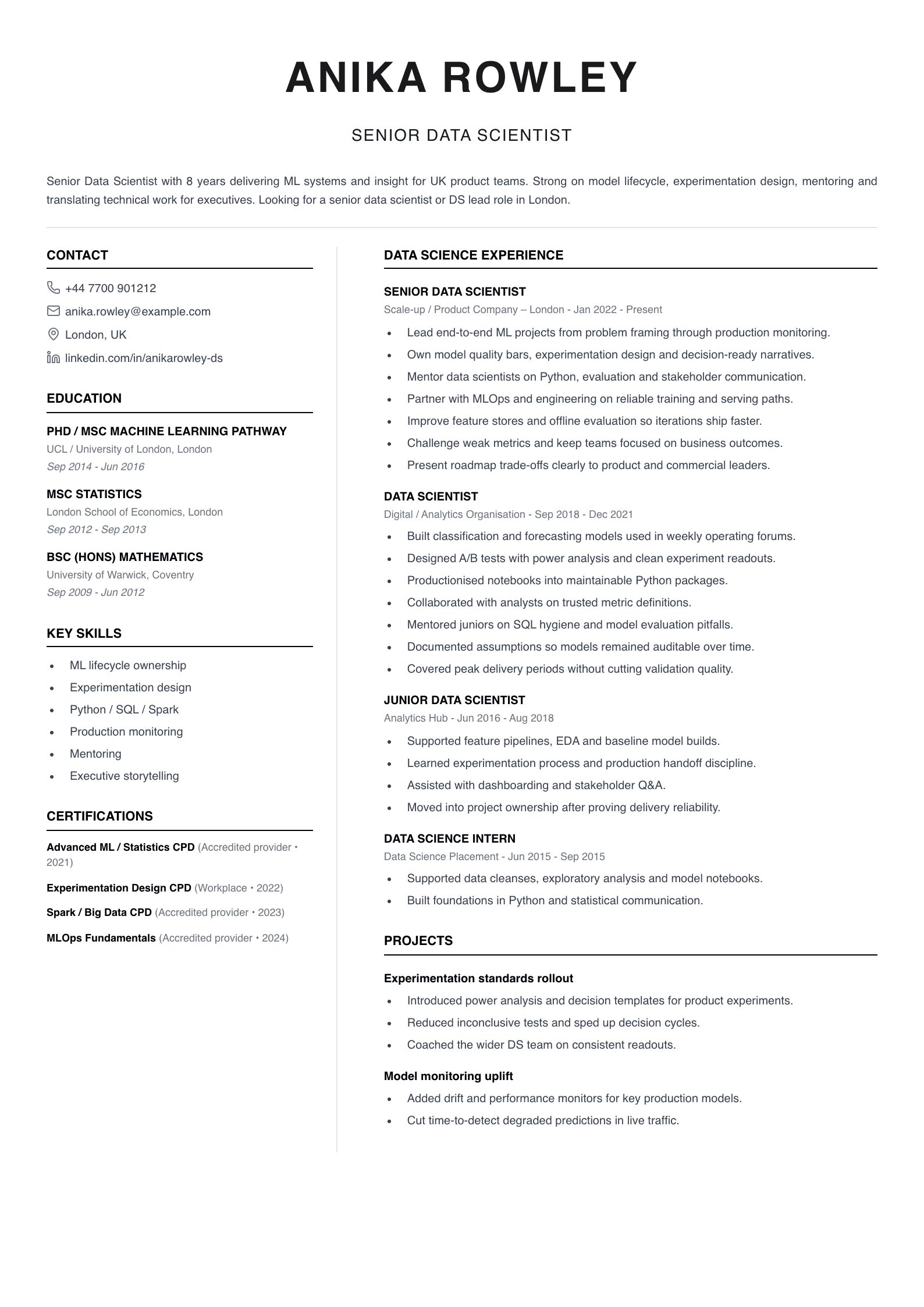 senior data scientist CV template