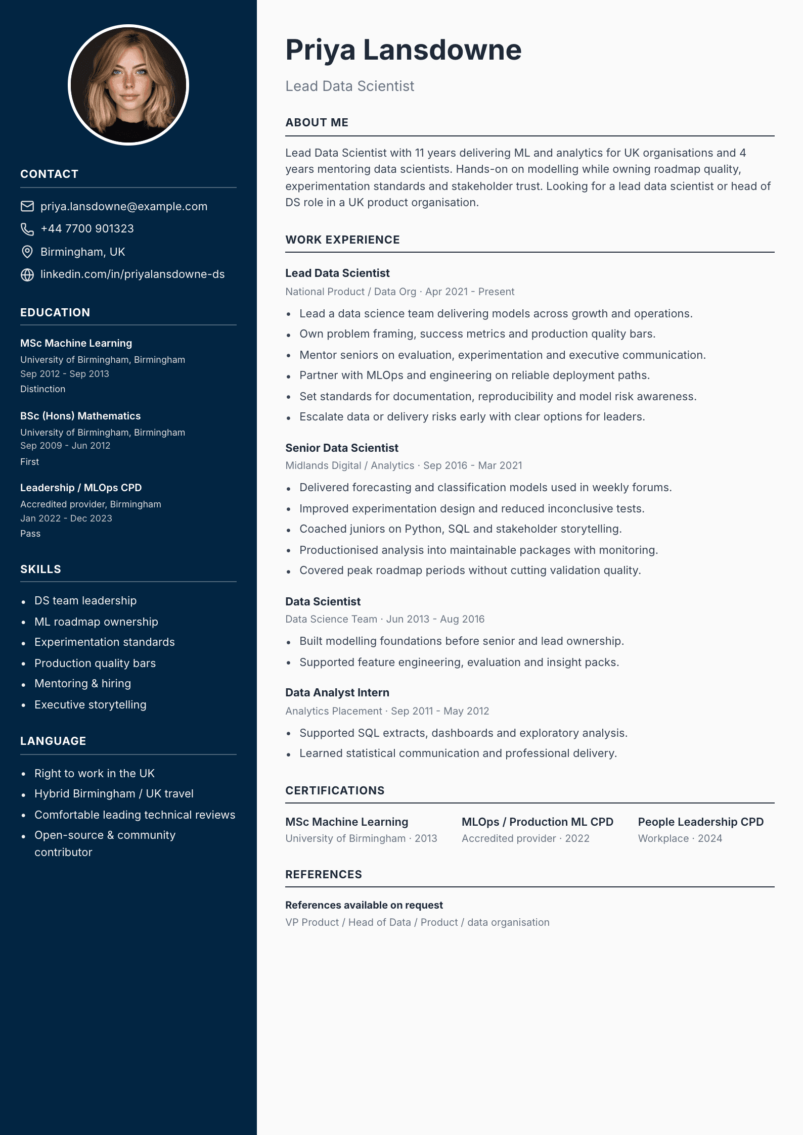 Lead data scientist CV template