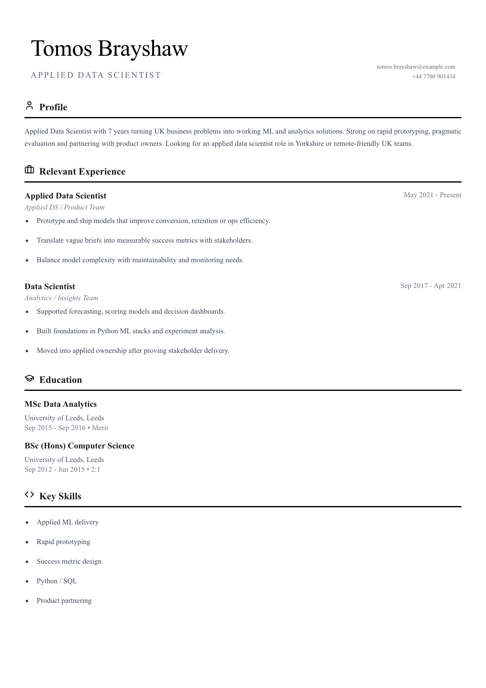 Applied data scientist CV template