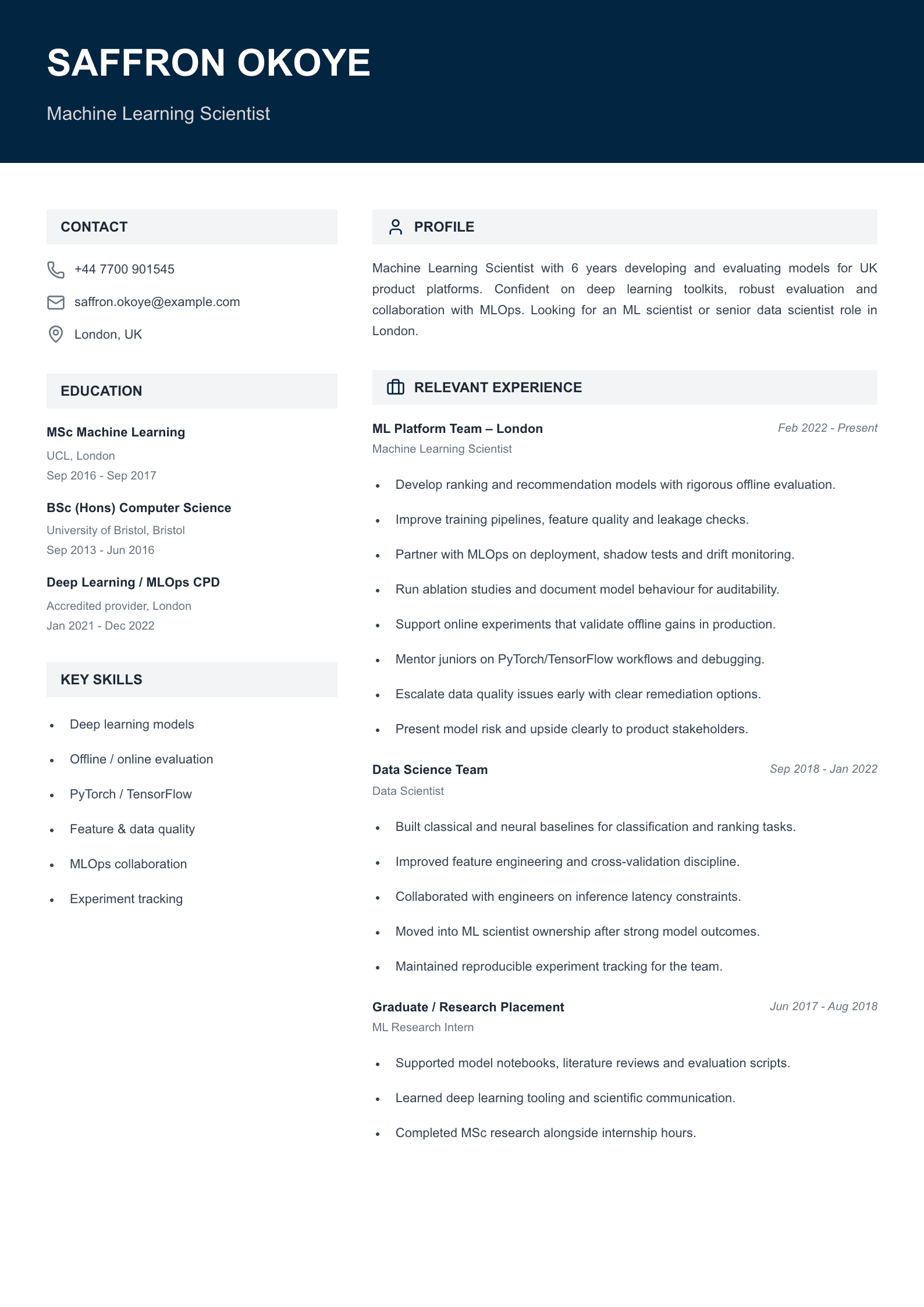 machine learning scientist CV template