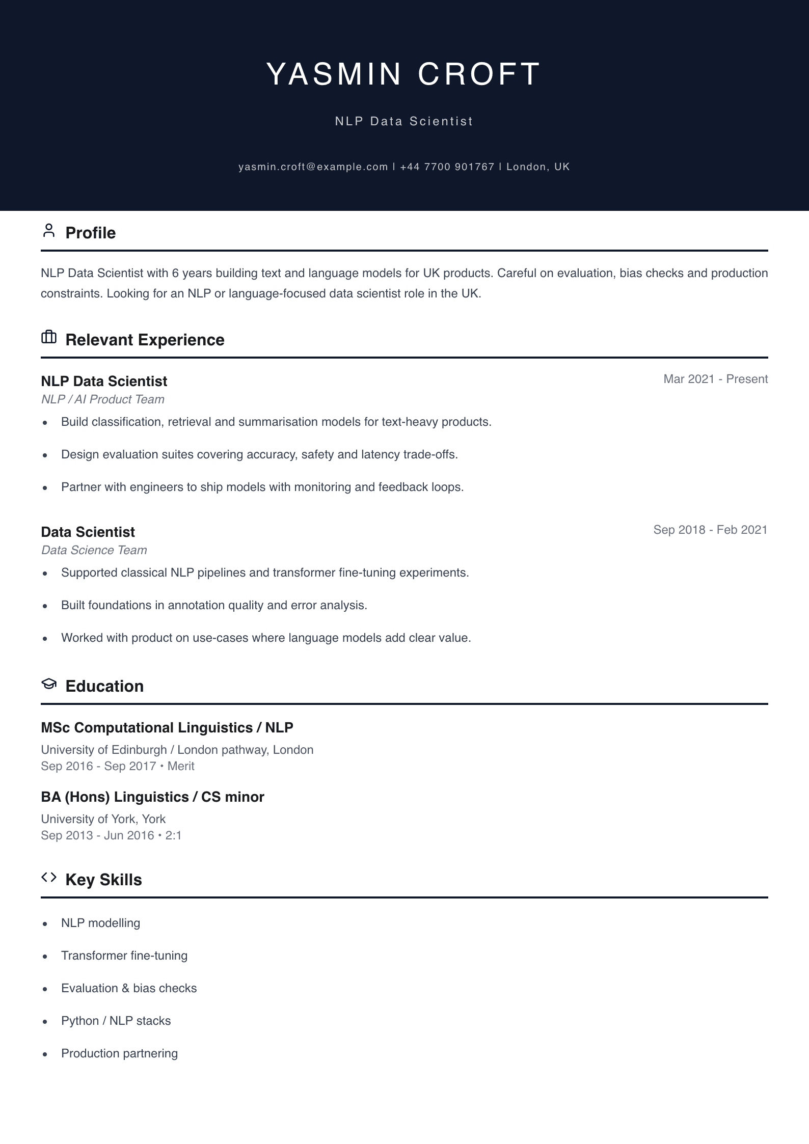 NLP data scientist CV template