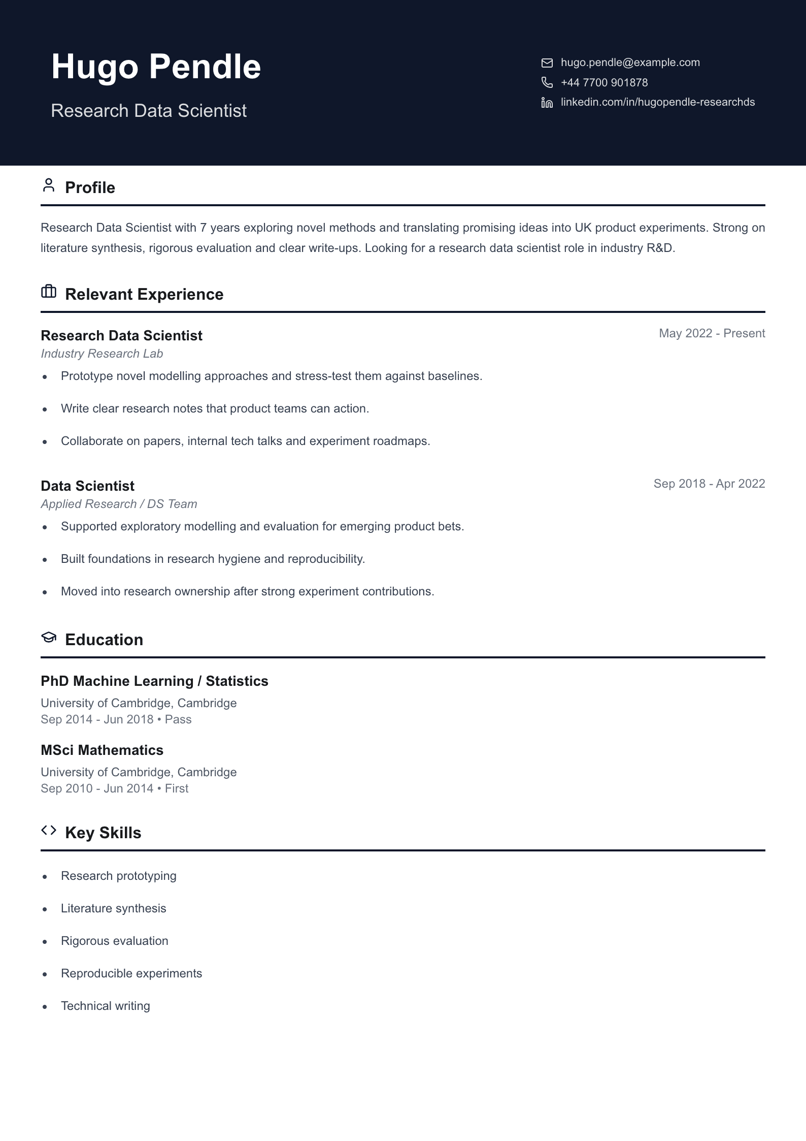 research data scientist CV template