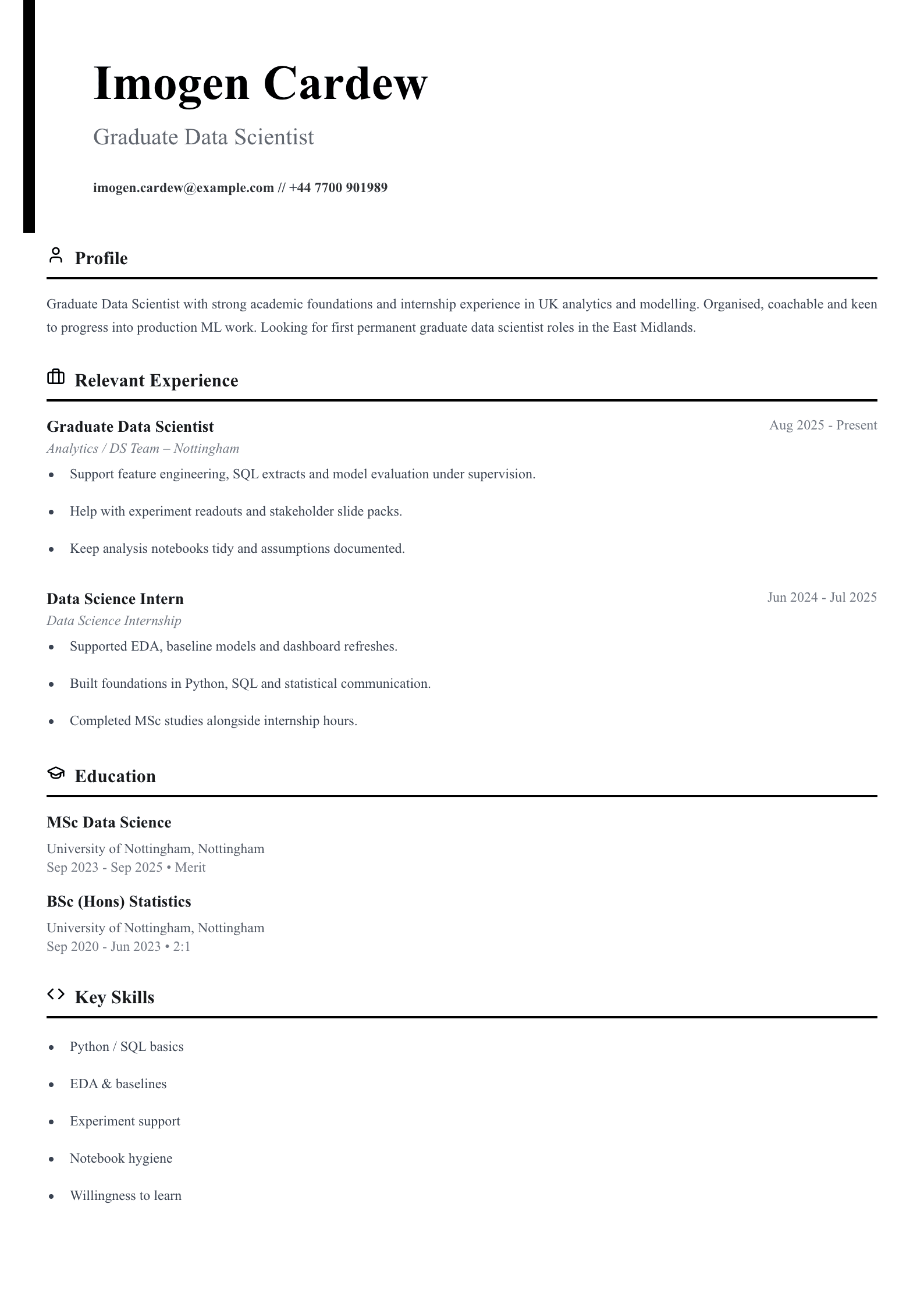 graduate data scientist CV template