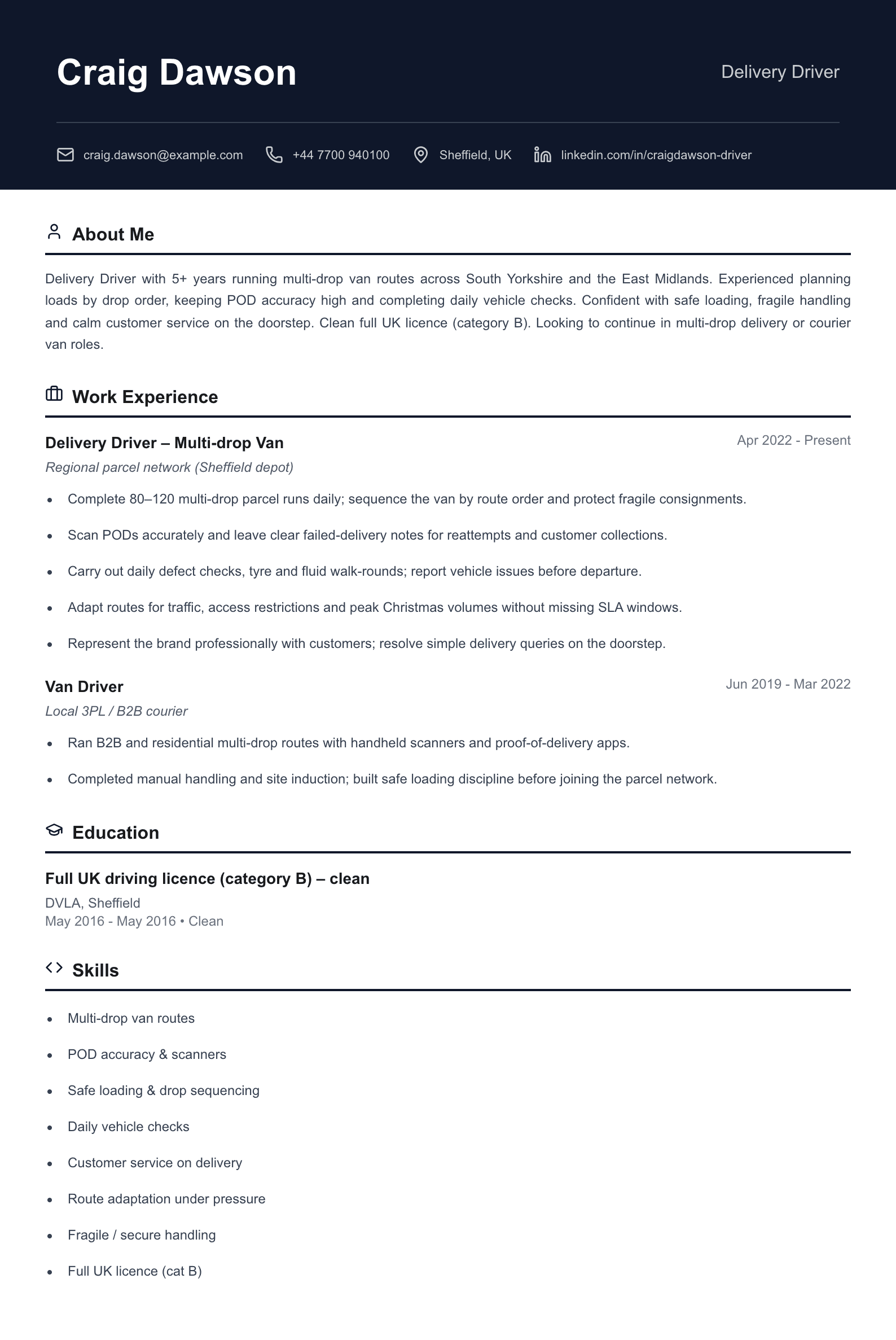 Delivery driver CV template