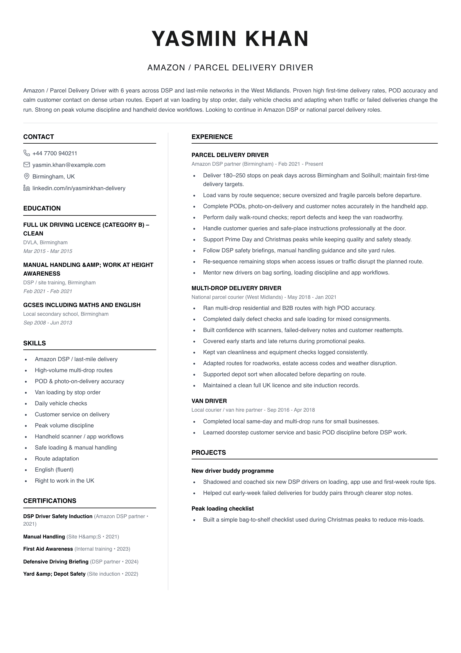 amazon parcel delivery driver cv template
