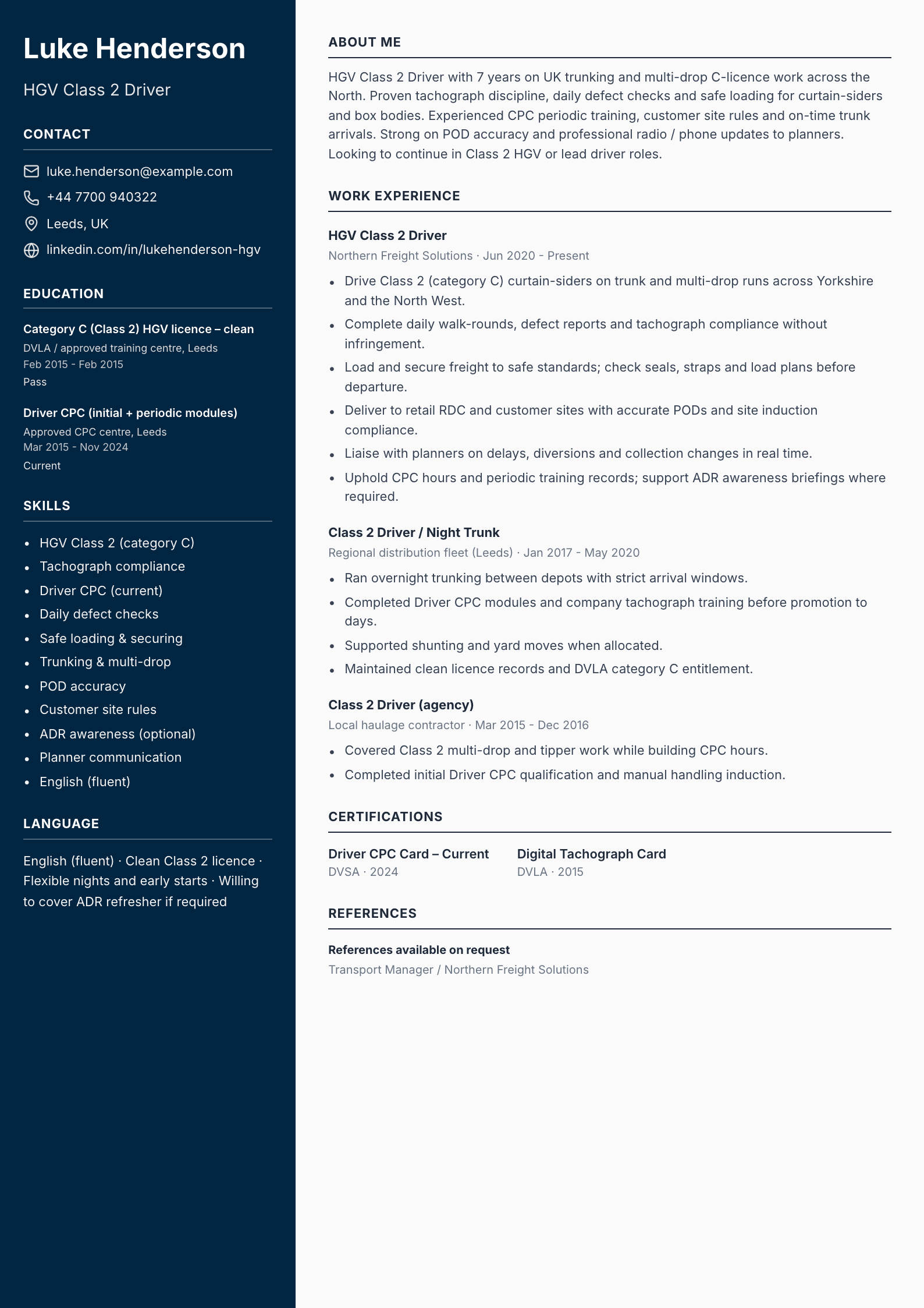 HGV Class 2 driver CV template