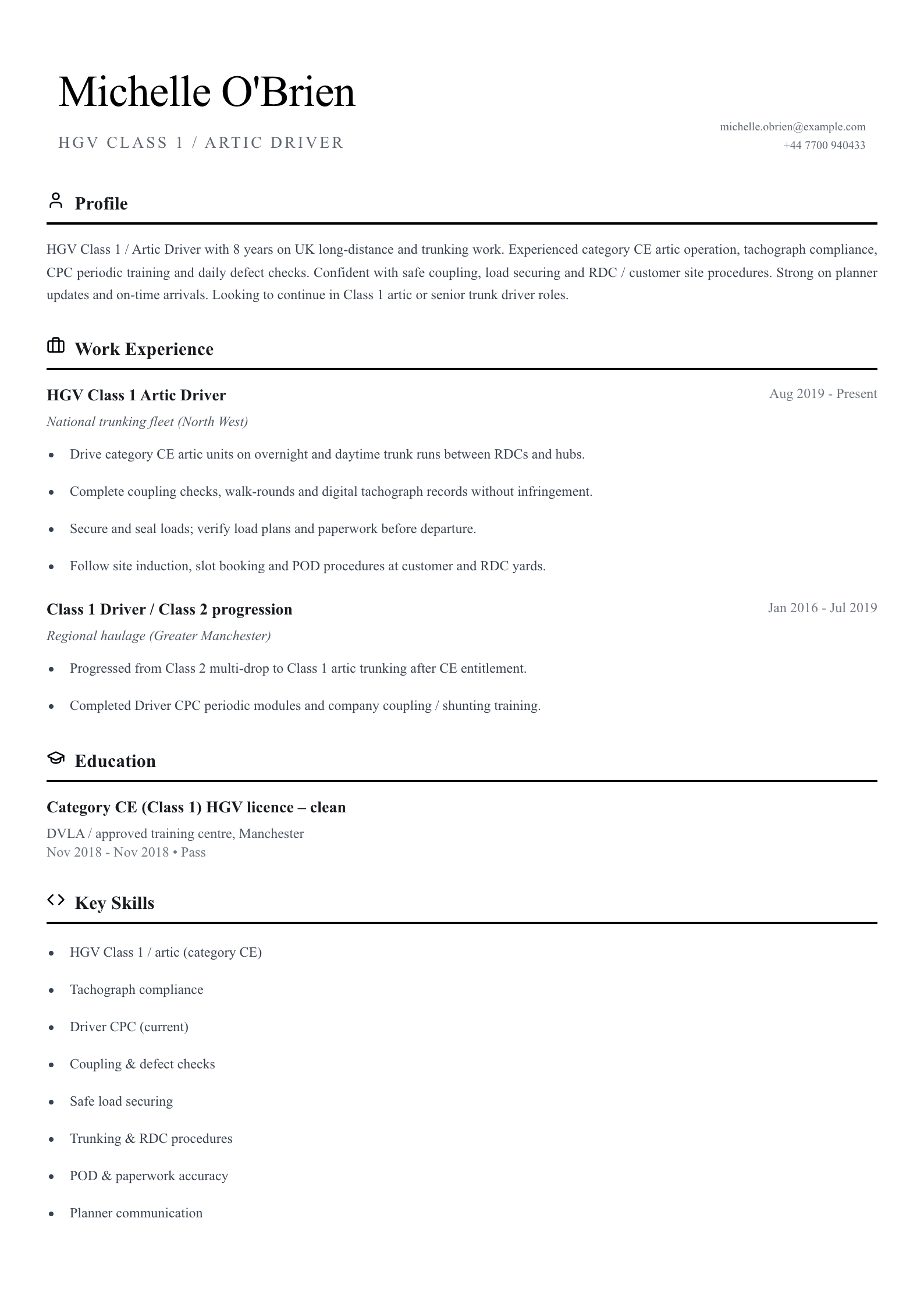 hgv class 1 artic driver cv template