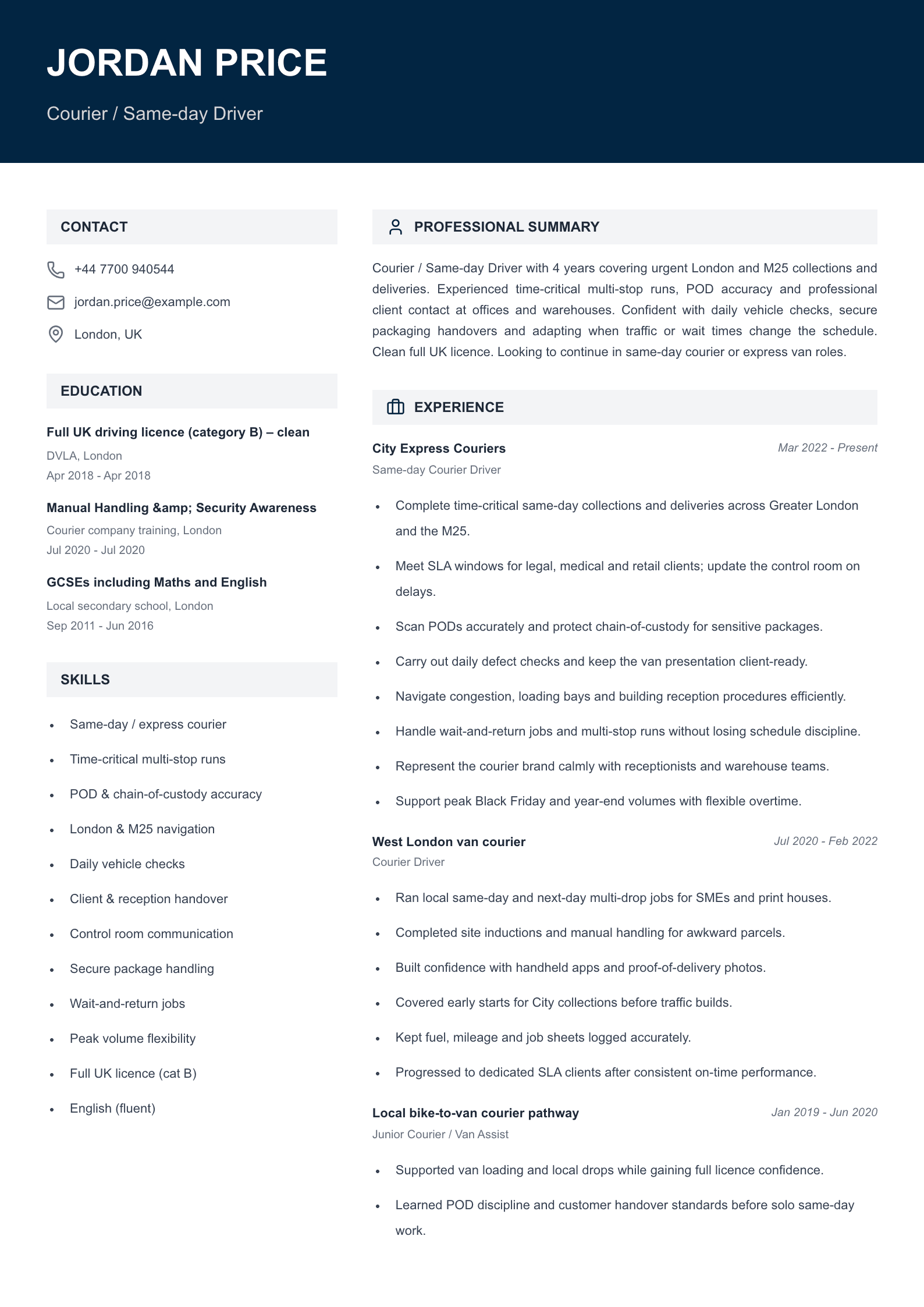 Courier same-day driver CV template