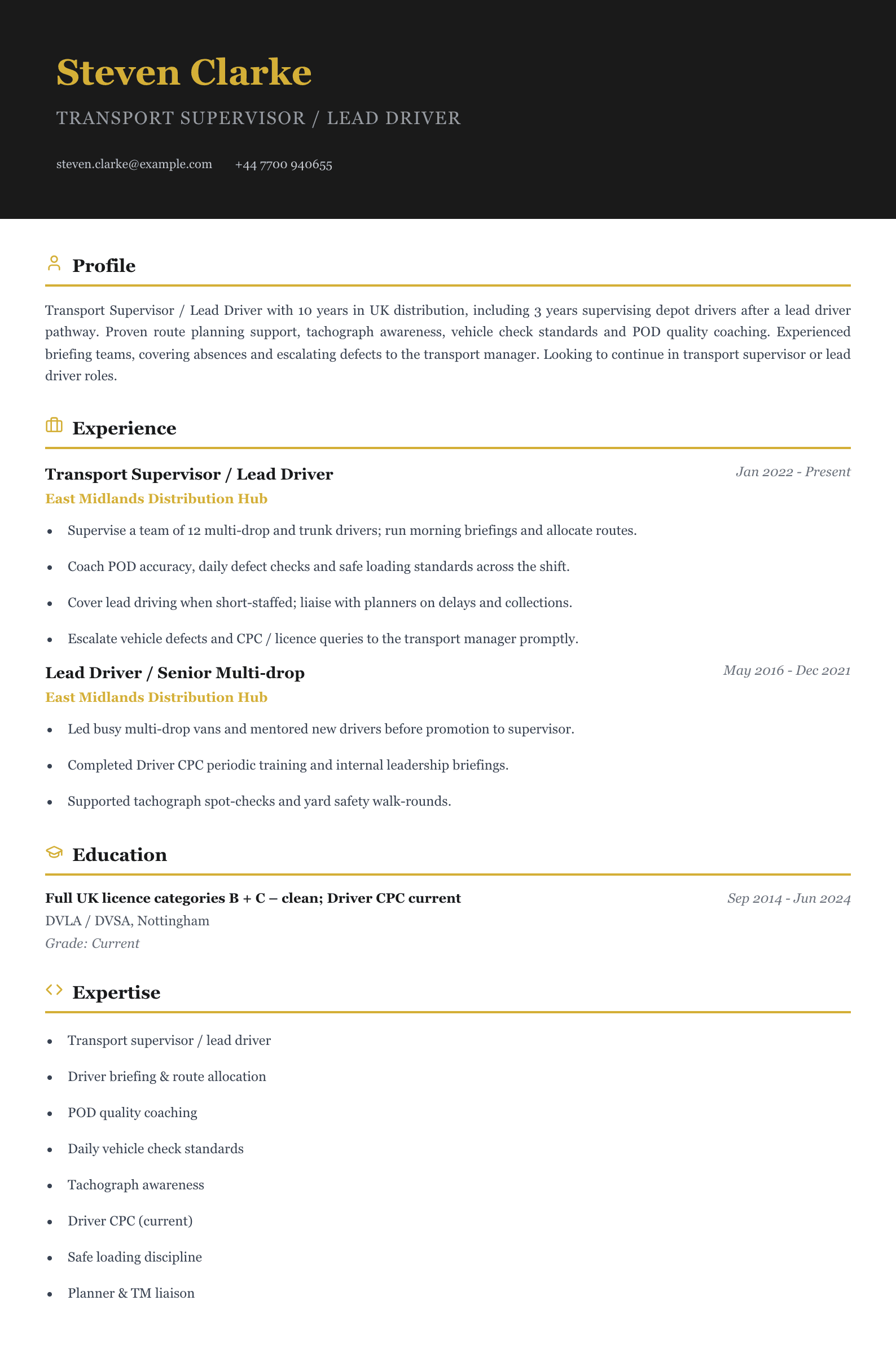transport supervisor lead driver cv template
