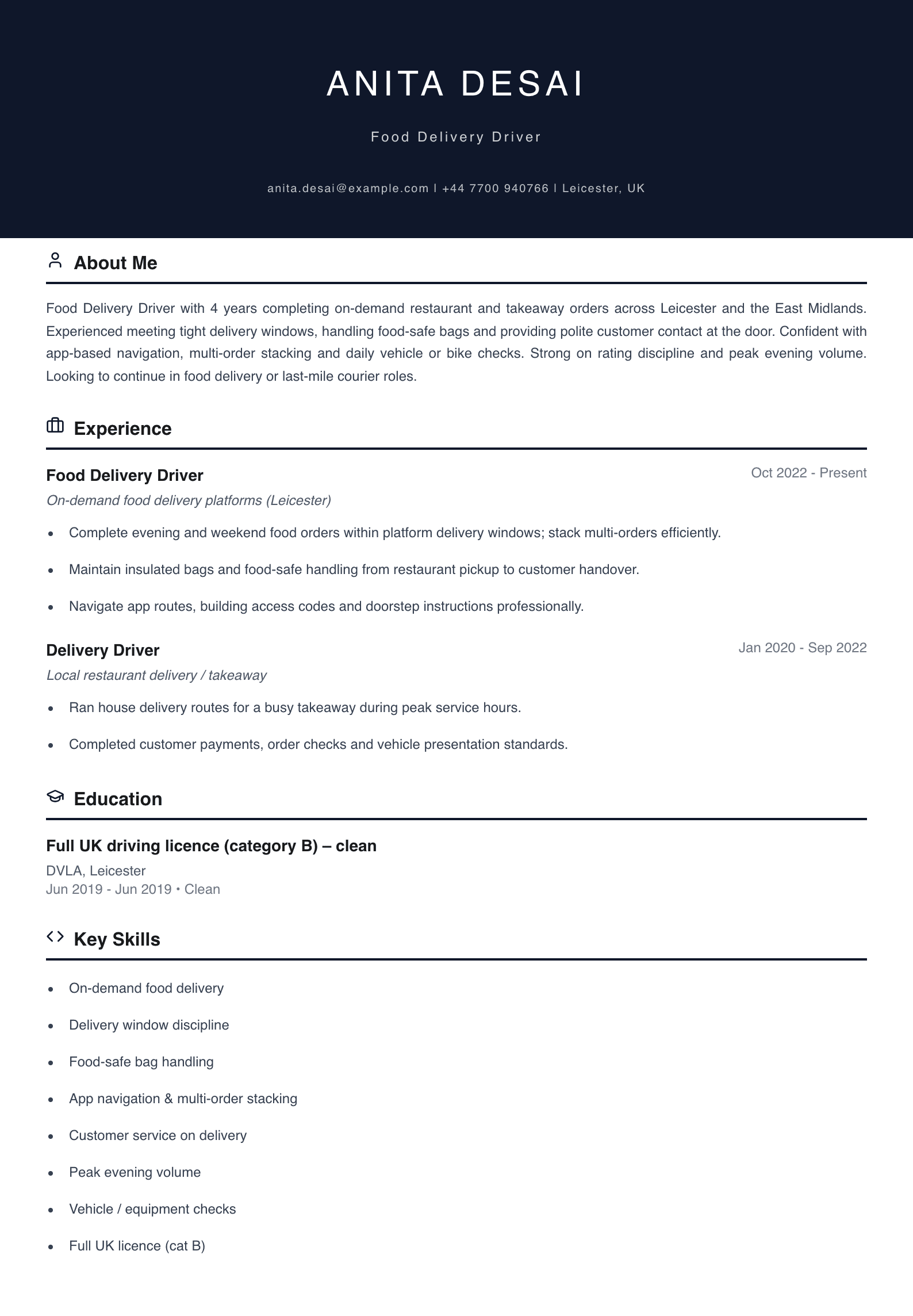 food delivery driver cv template