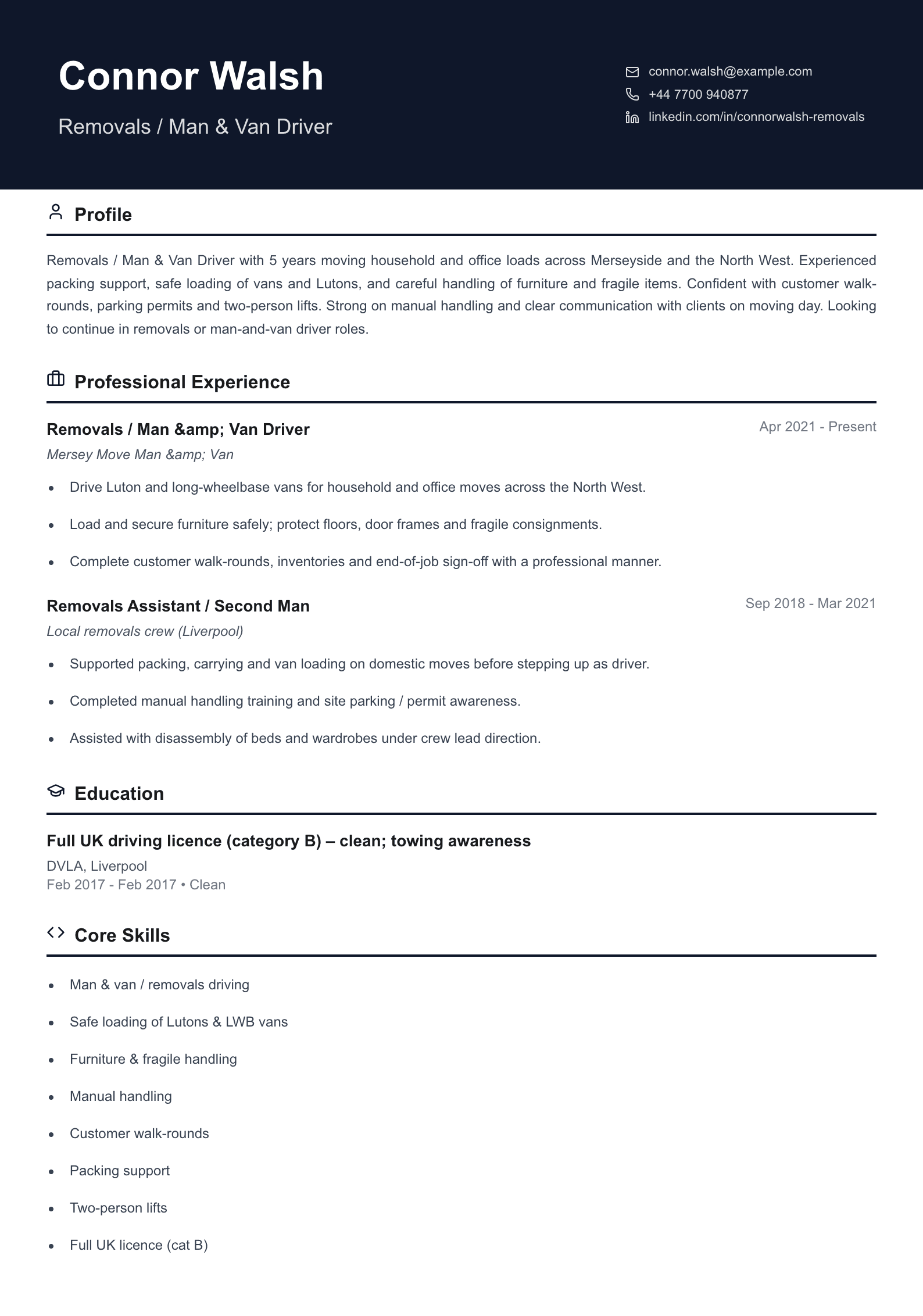 removals man and van driver cv template