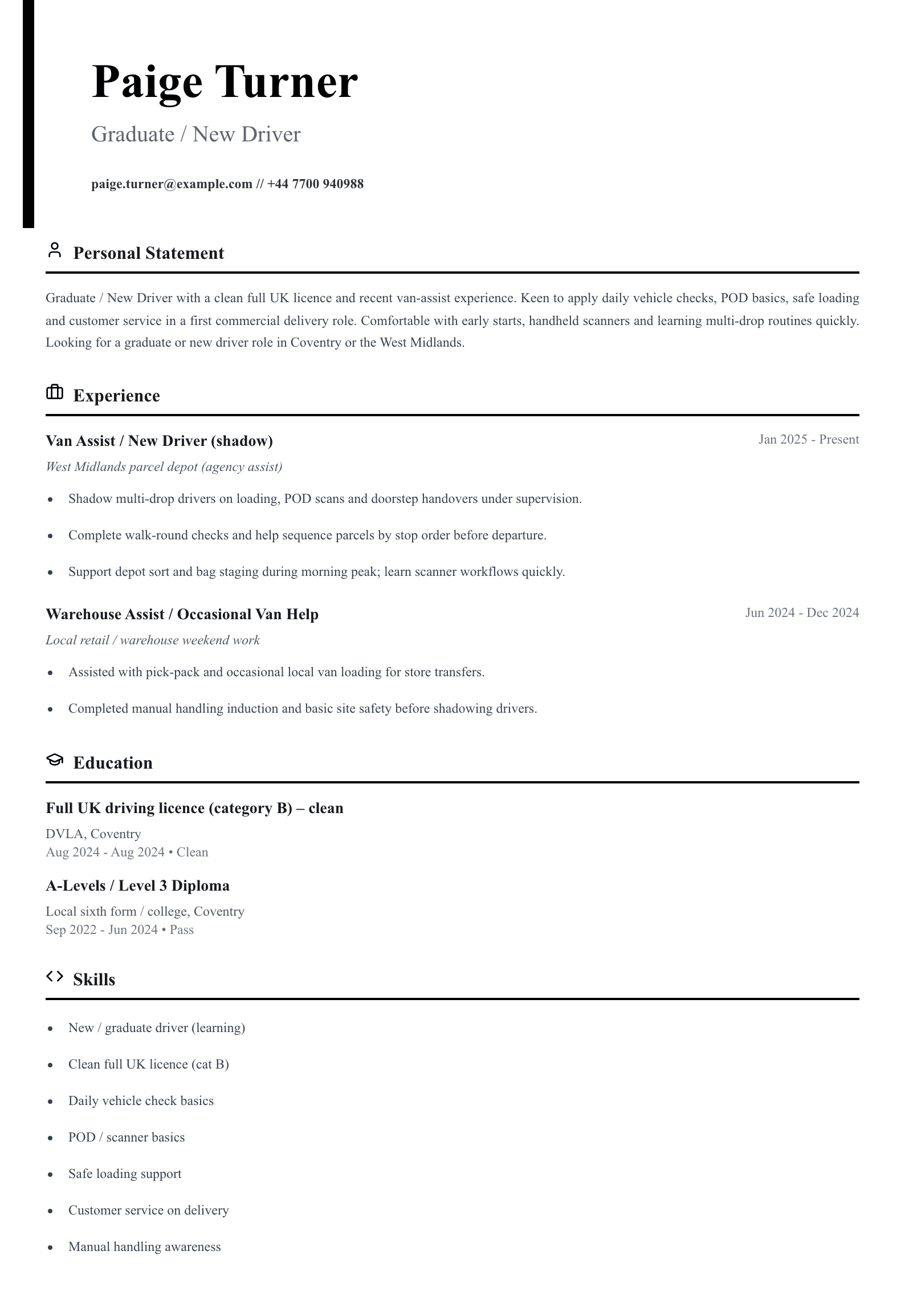 graduate new delivery driver cv template