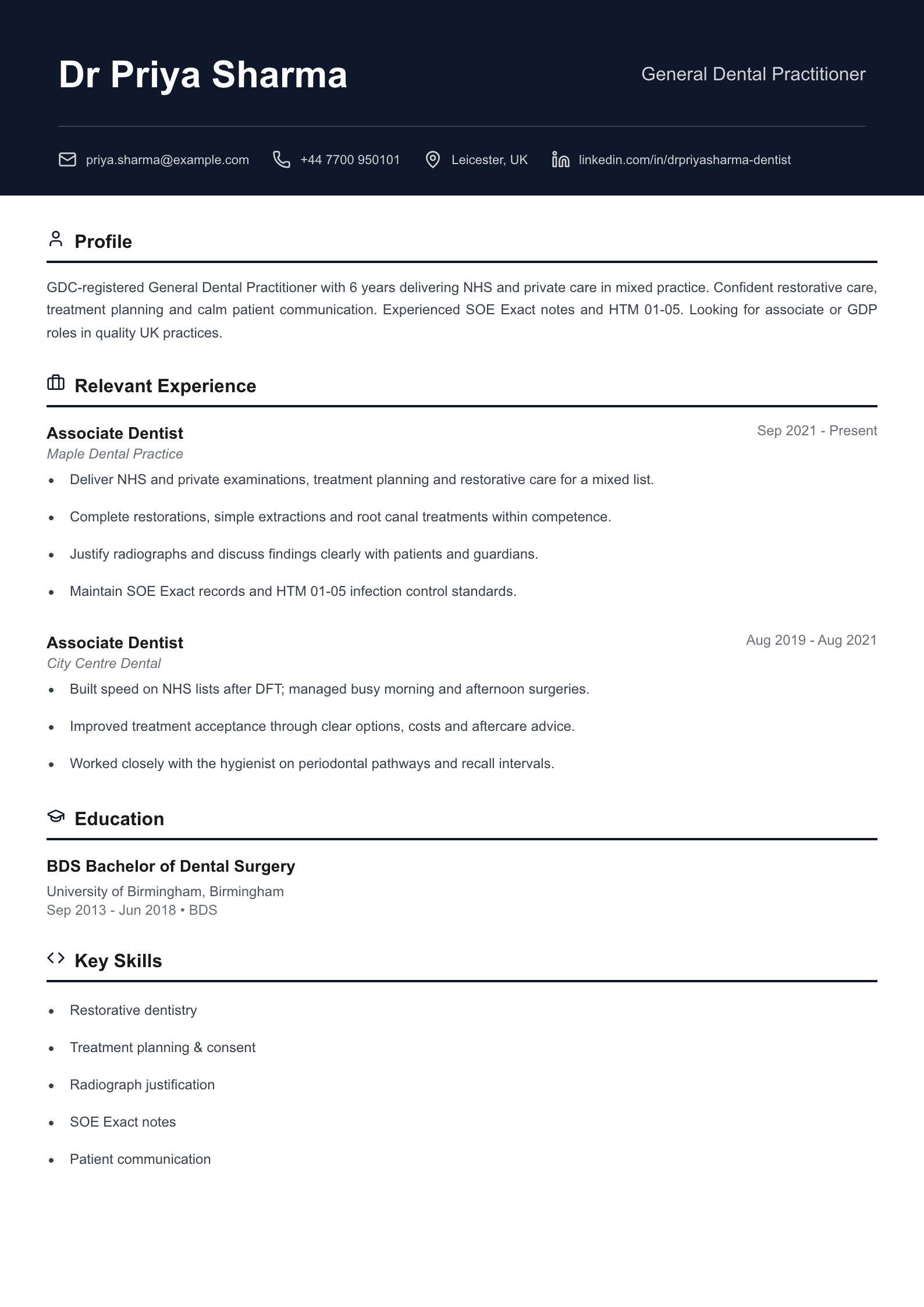 General dental practitioner CV template