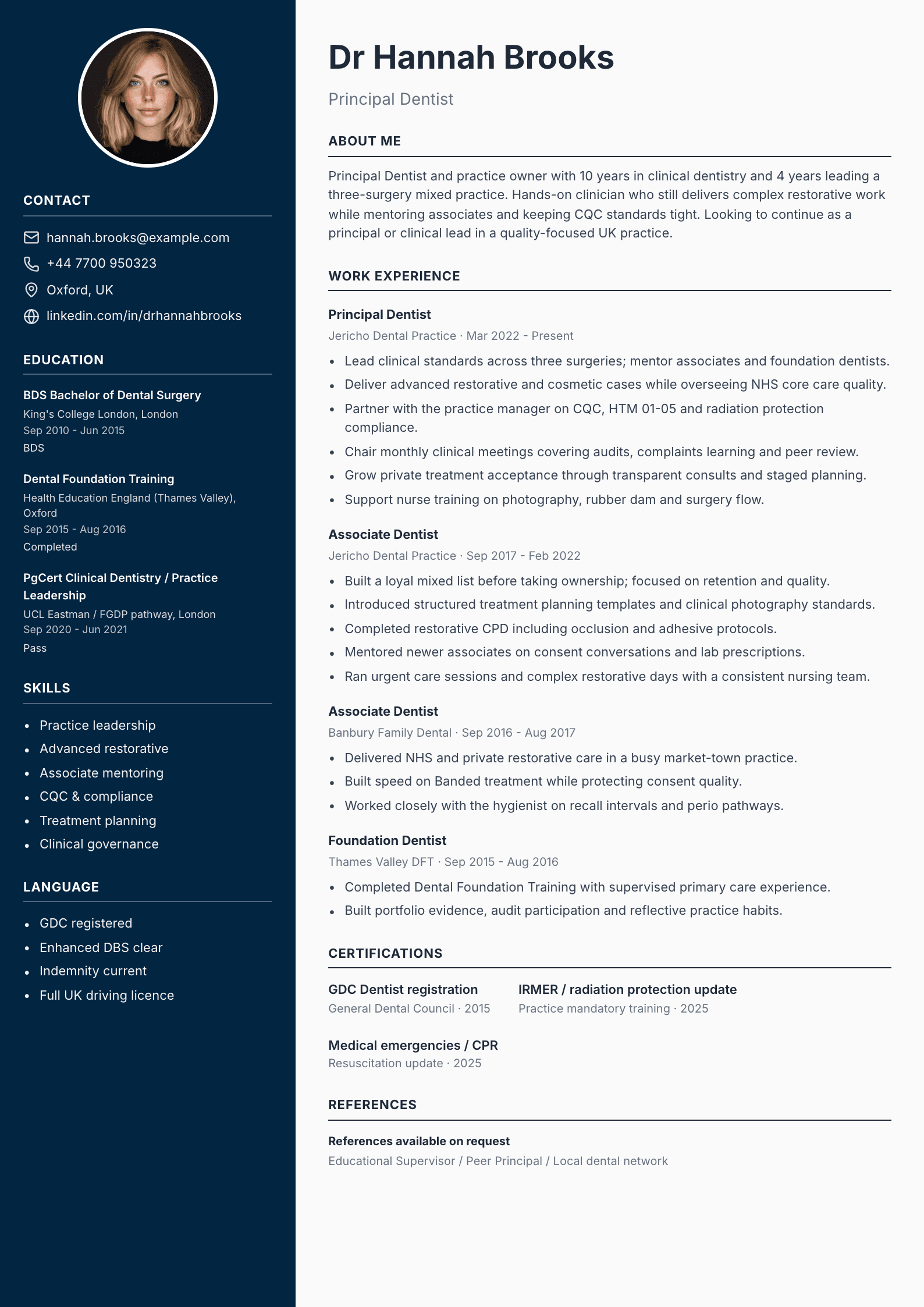 Principal dentist CV template