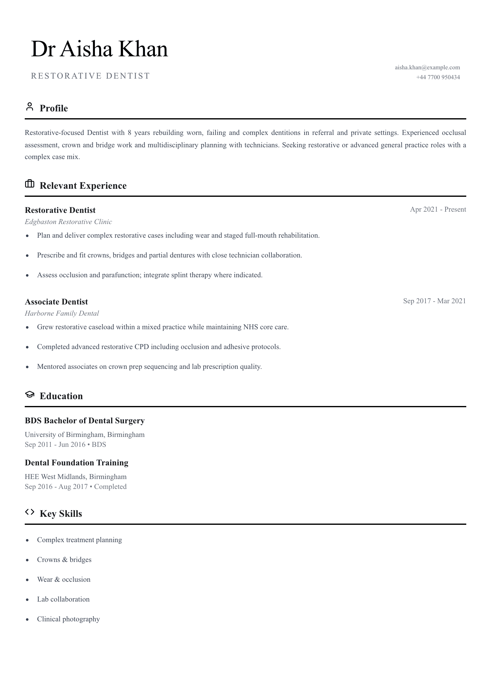 Restorative dentist CV template