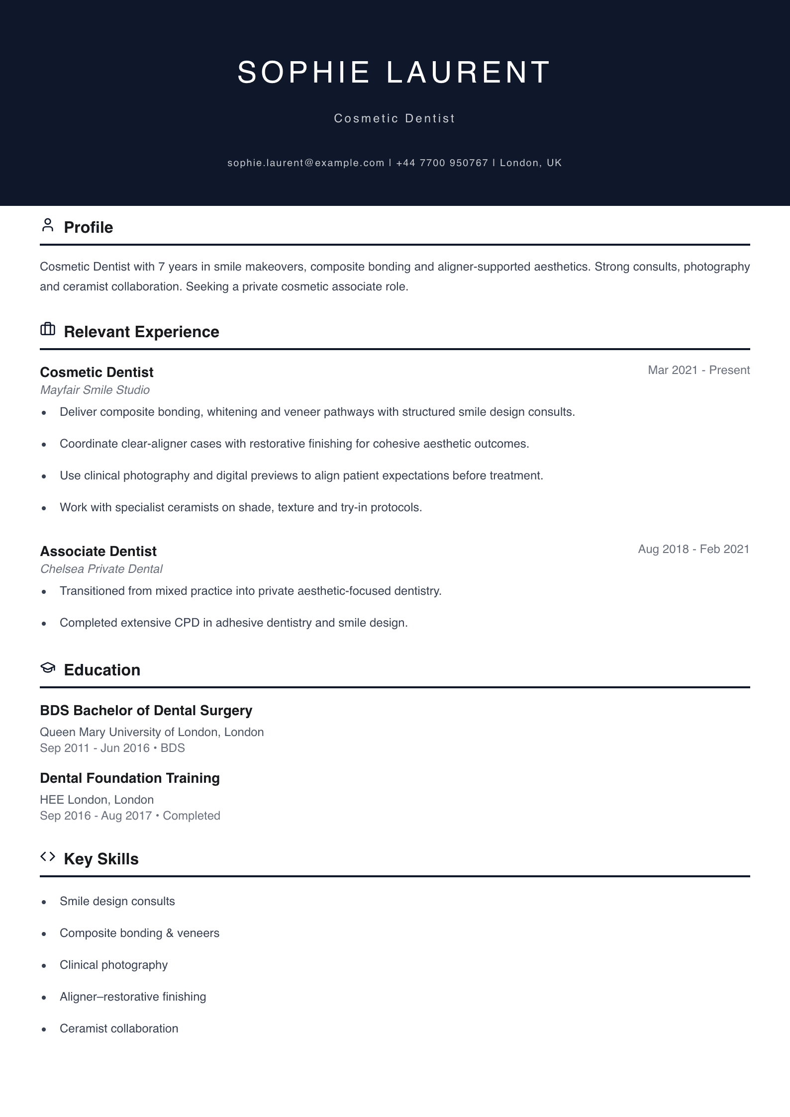 cosmetic dentist cv template