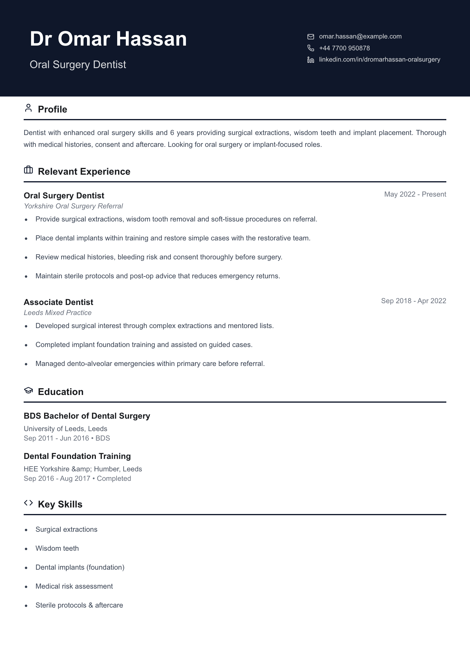 oral surgery dentist cv template