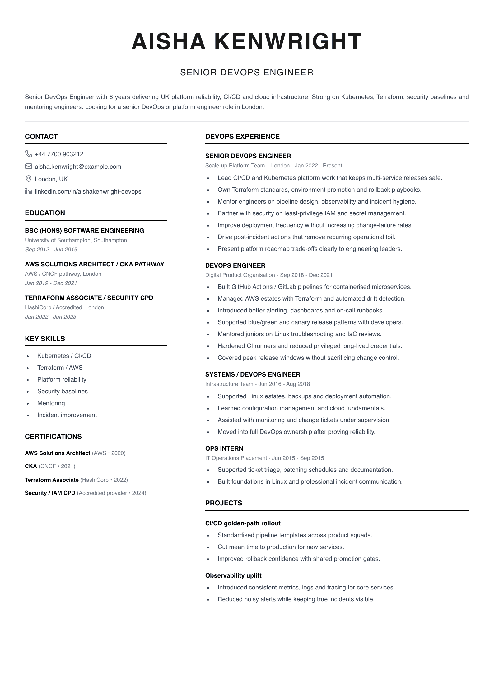 senior DevOps engineer CV template