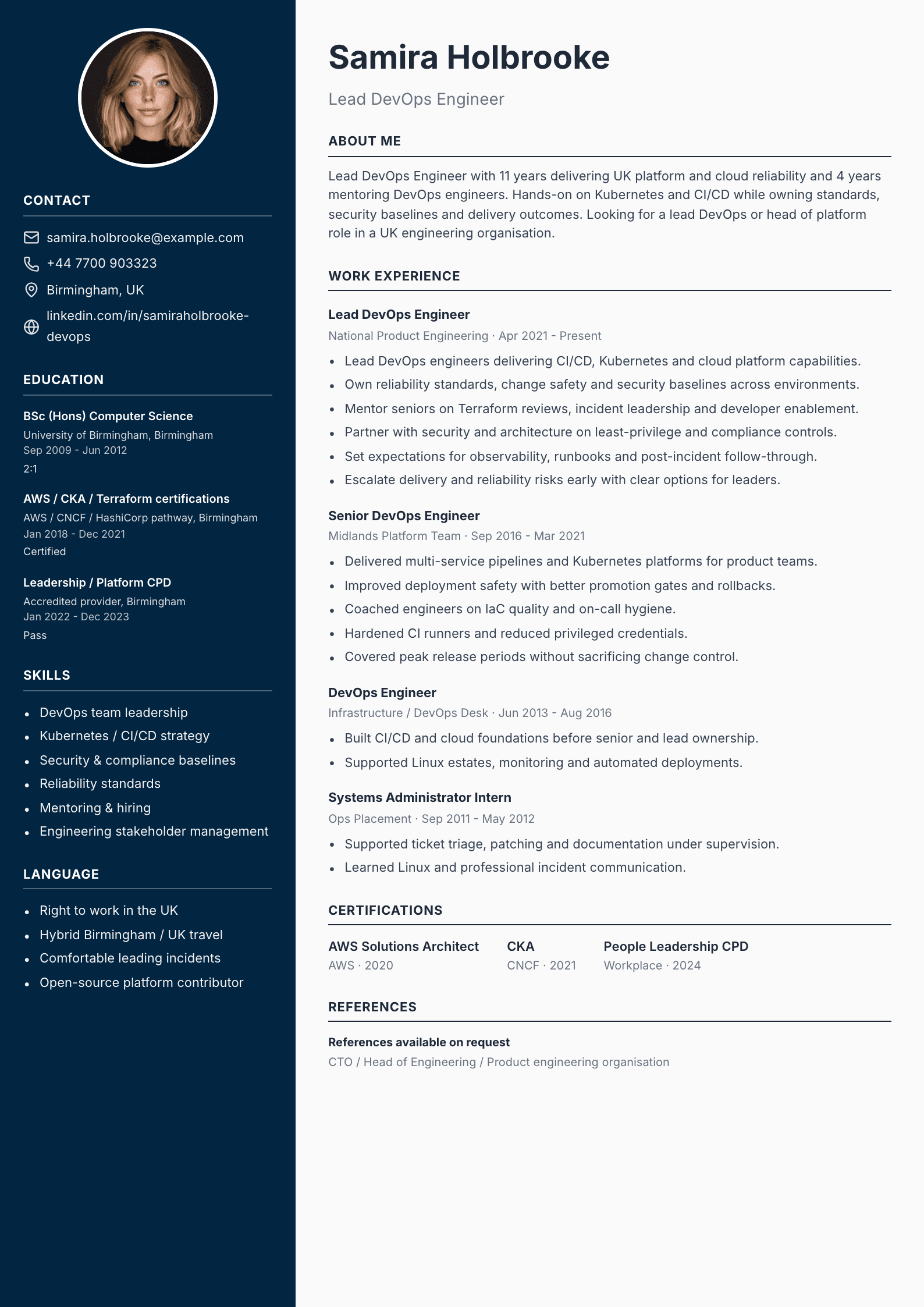 Lead DevOps engineer CV template