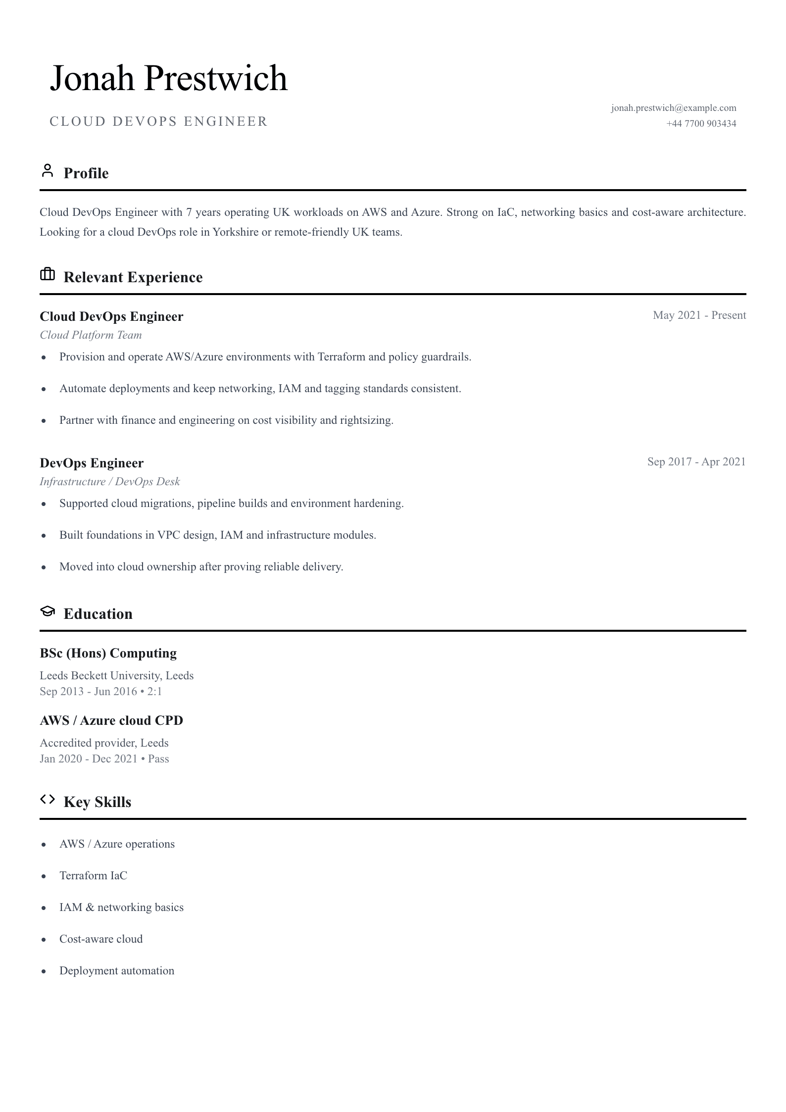 Cloud DevOps engineer CV template