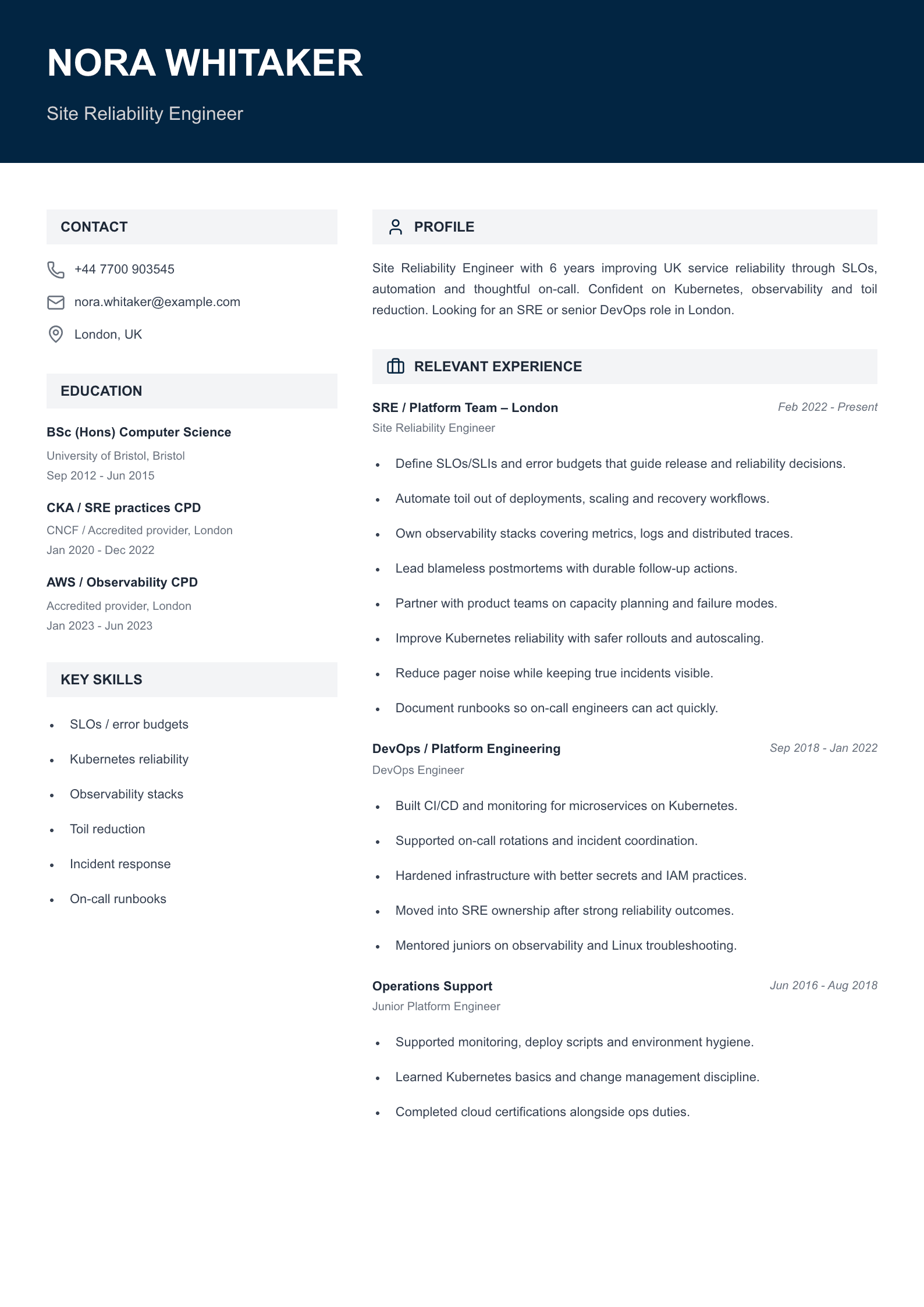 site reliability engineer CV template