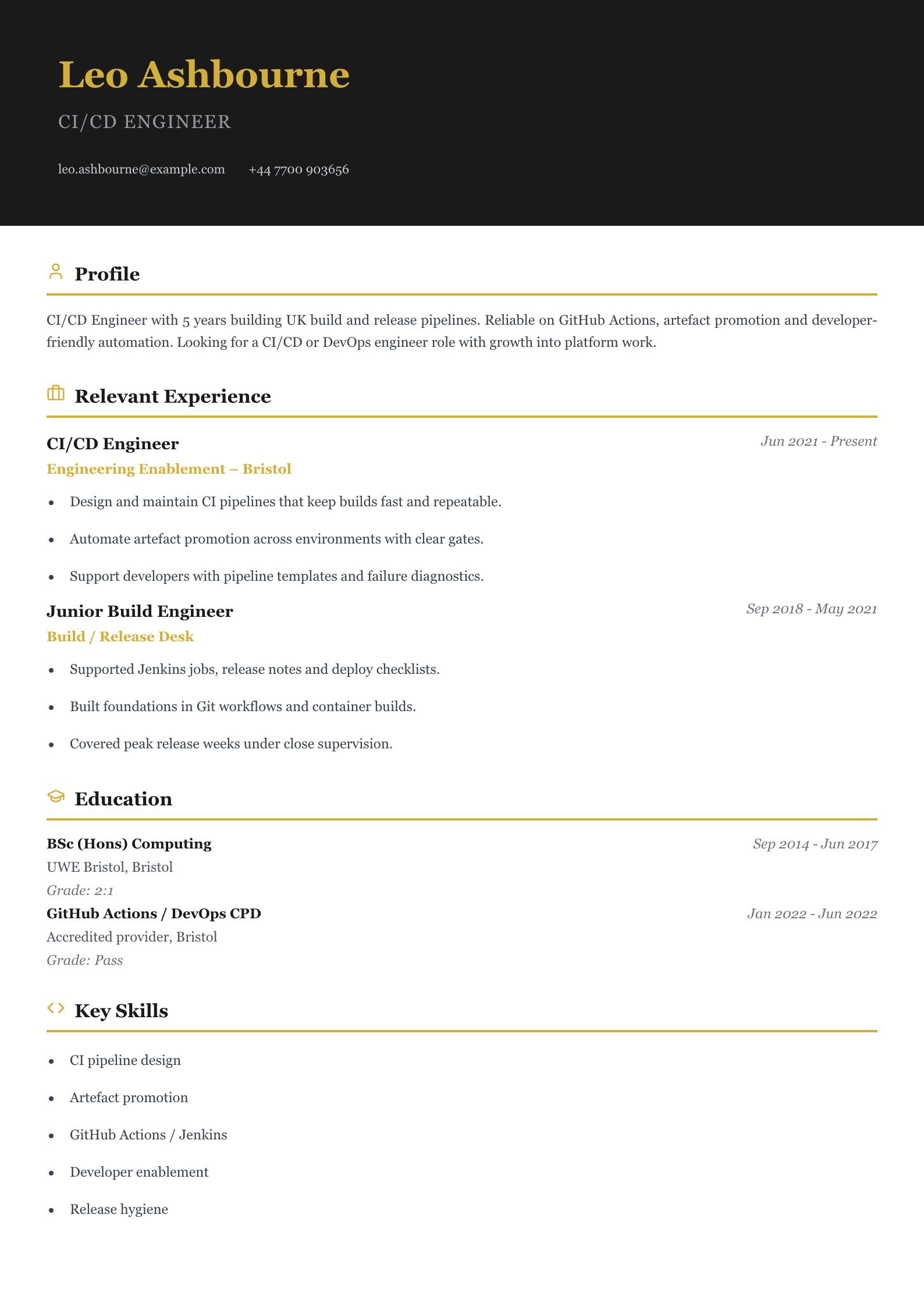 CI/CD engineer CV template