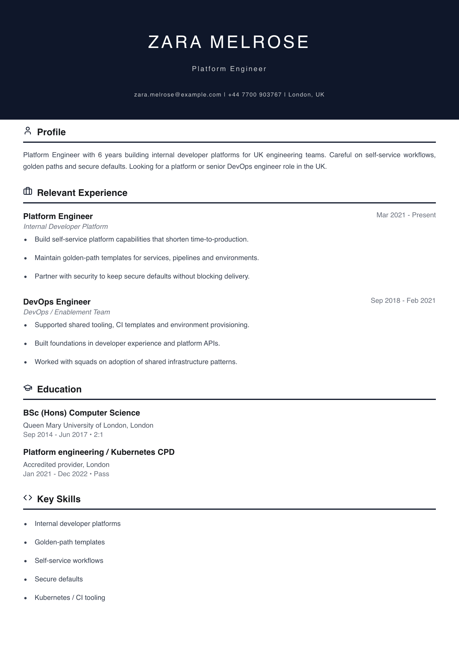 platform engineer CV template