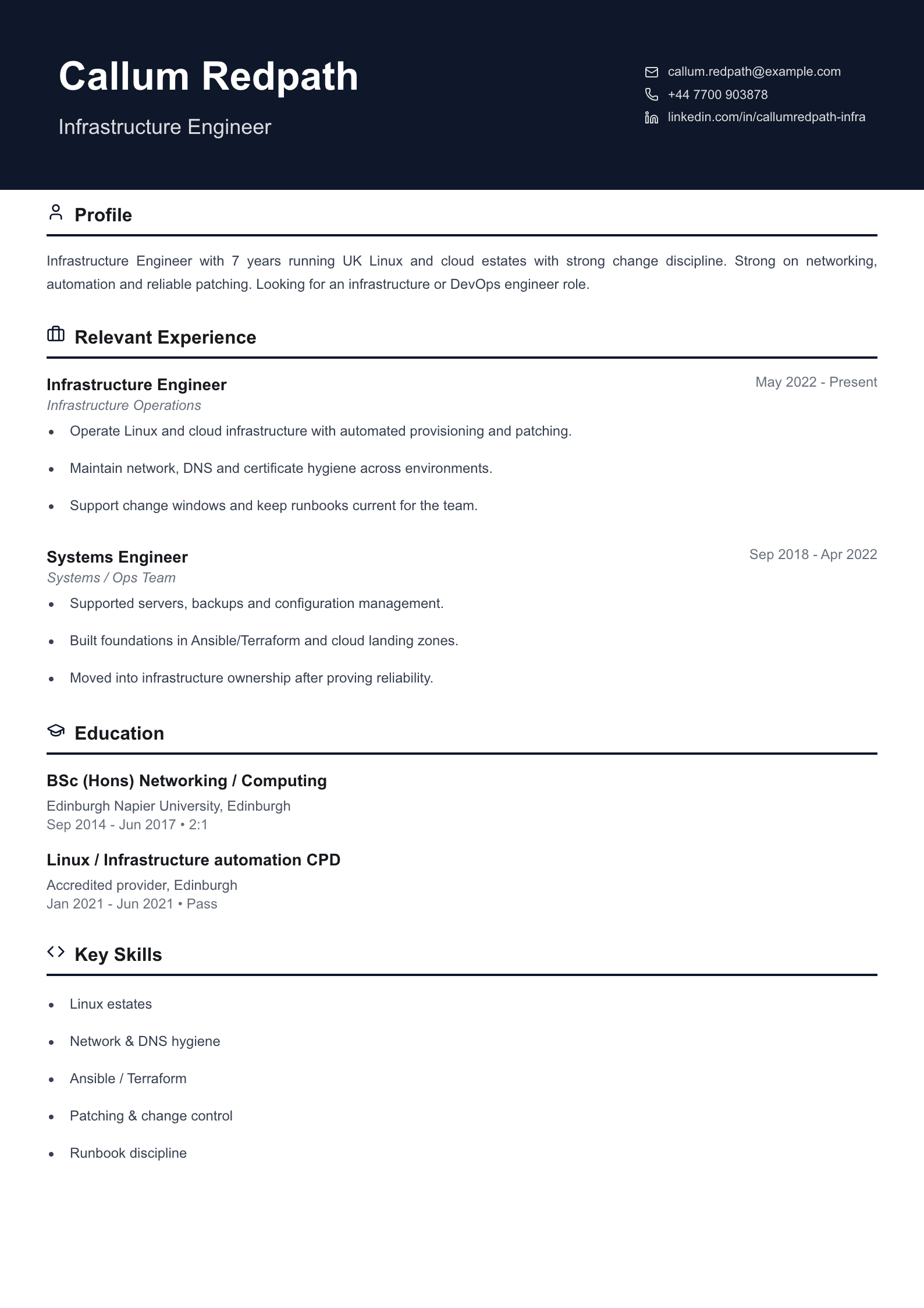 infrastructure engineer CV template
