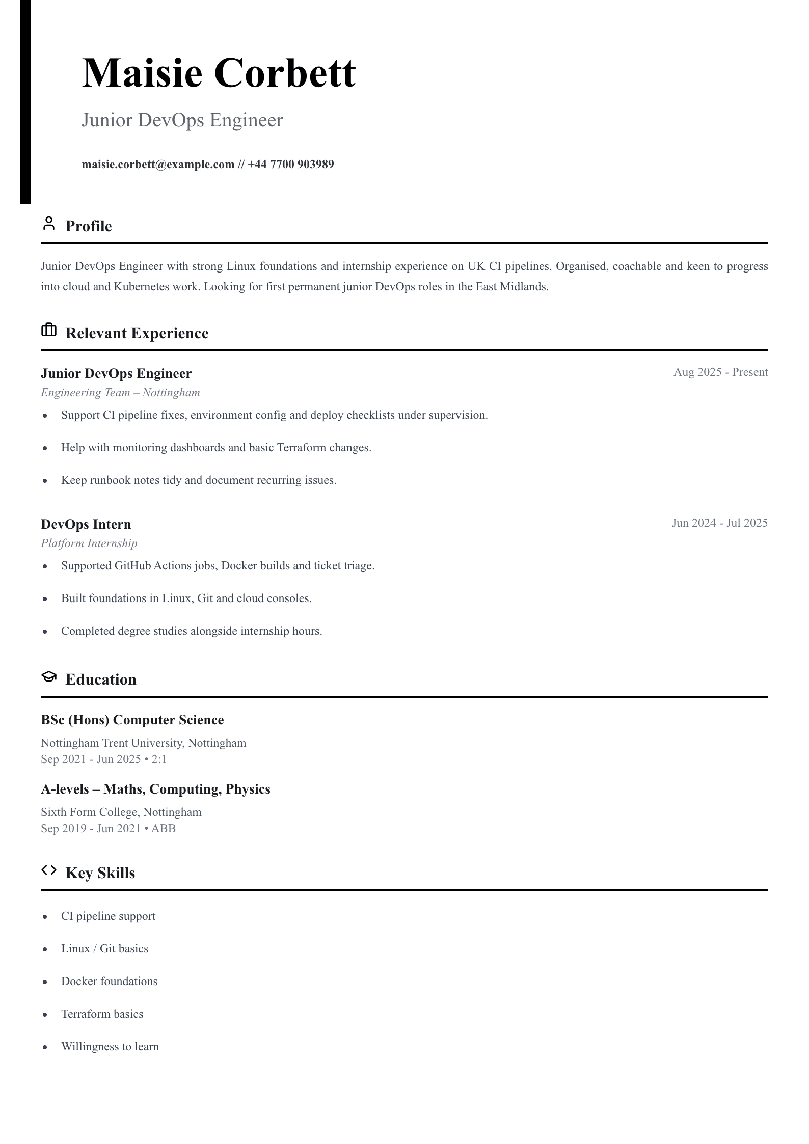 junior DevOps engineer CV template