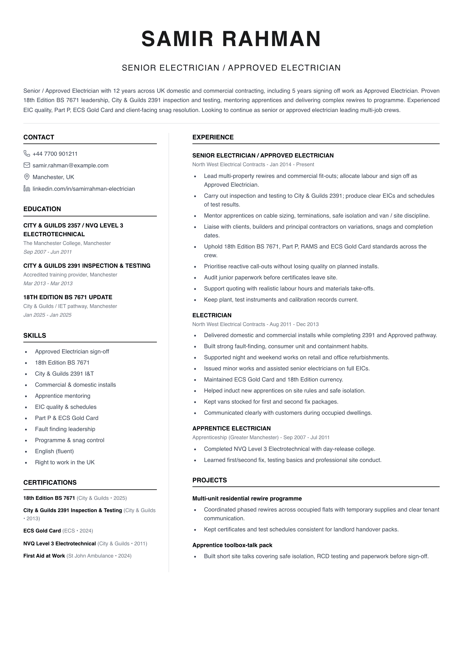 senior approved electrician cv template