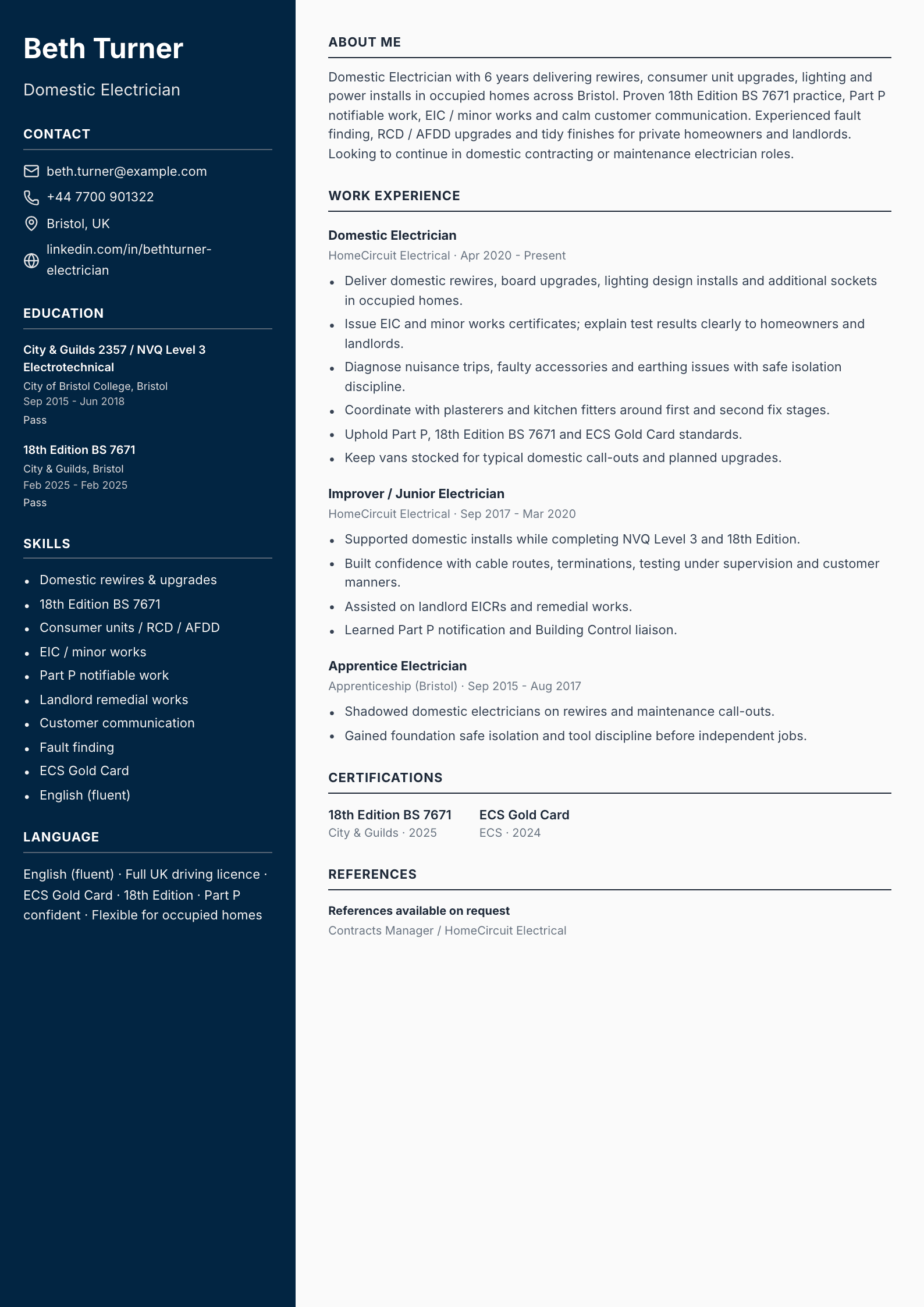 domestic electrician cv template
