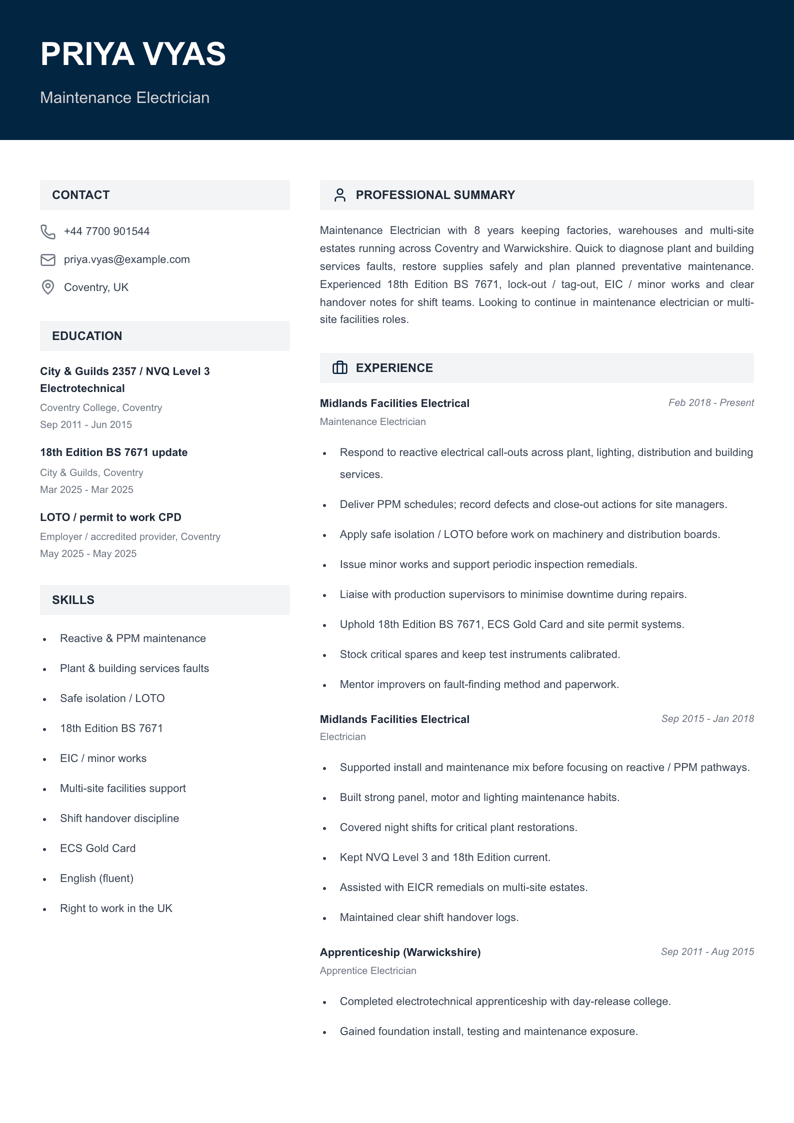 maintenance electrician cv template