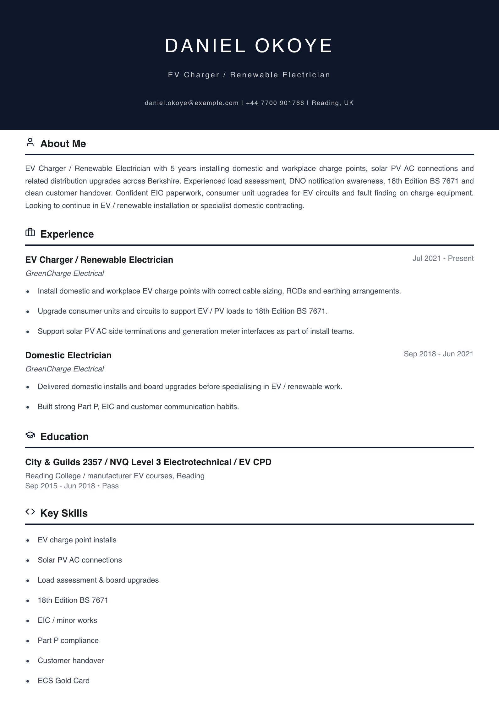 ev charger renewable electrician cv template