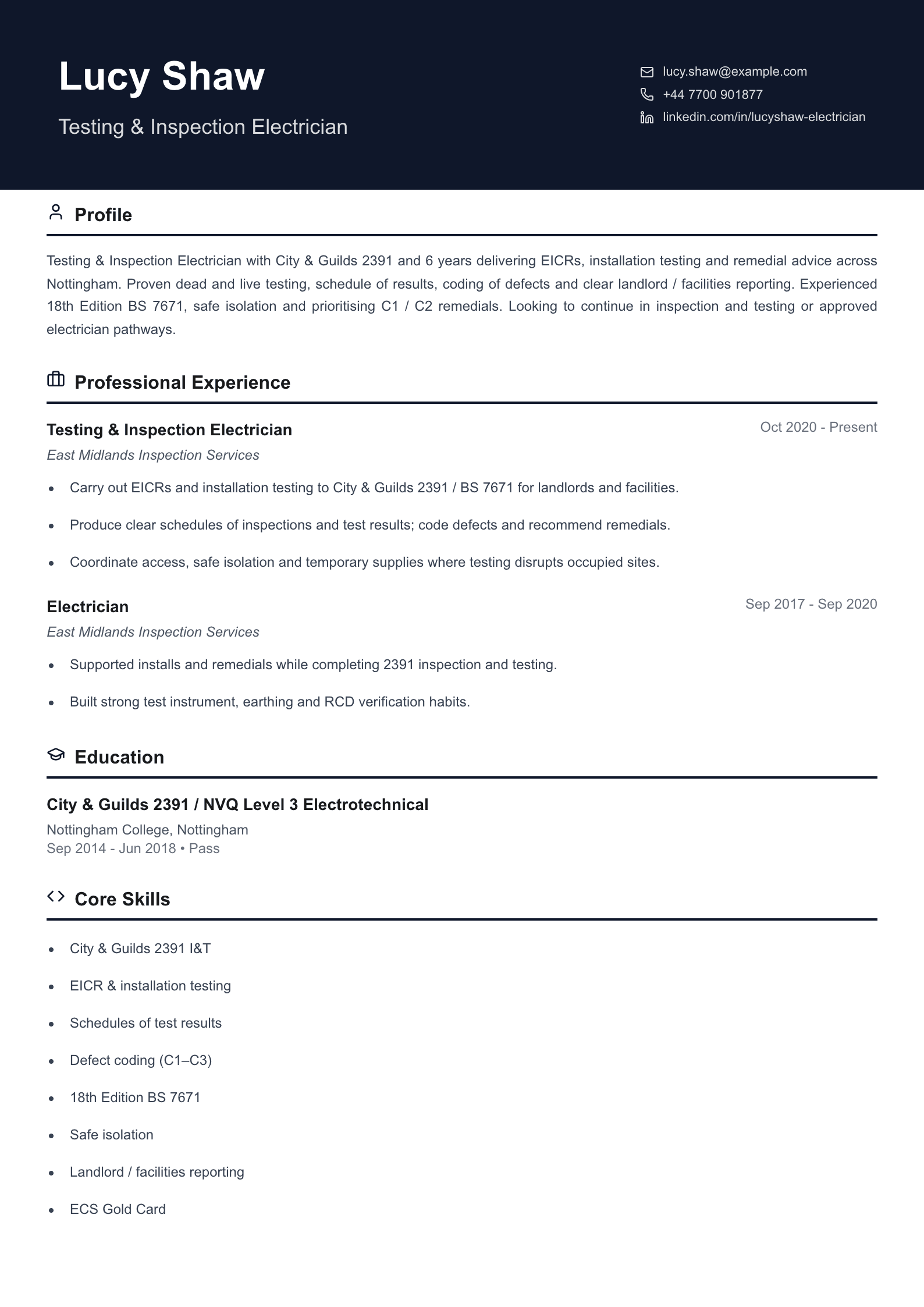 testing inspection electrician cv template