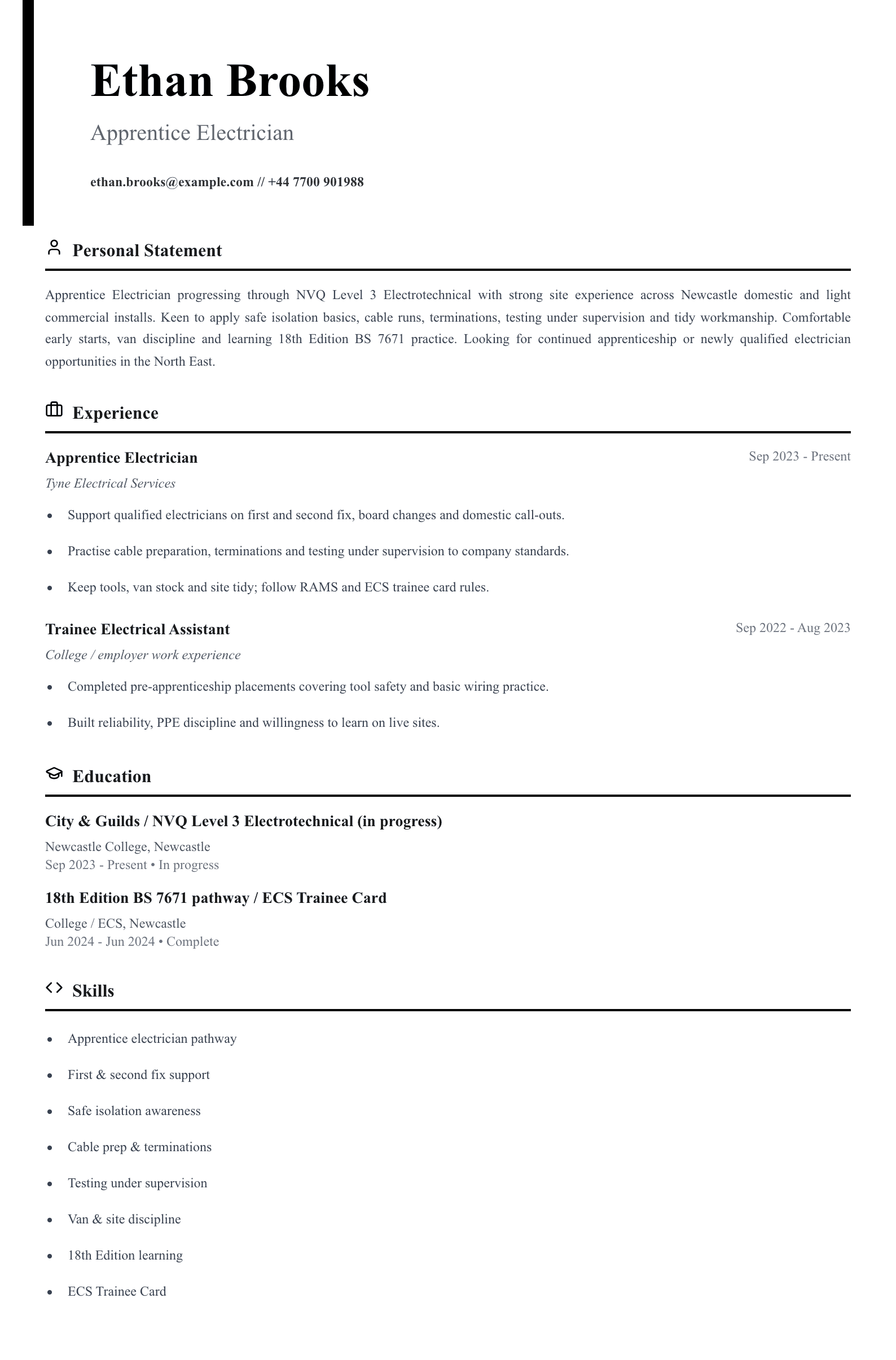 apprentice electrician cv template