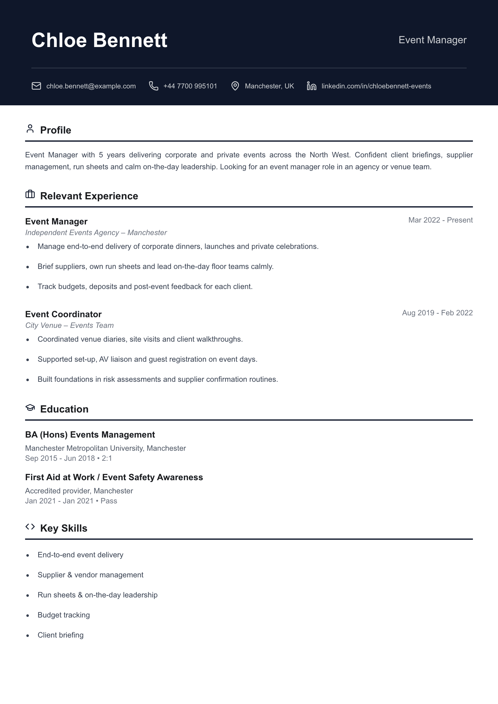 Event manager CV template