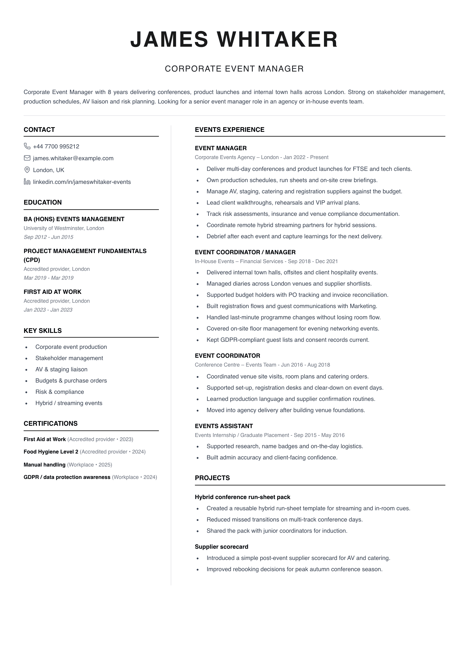 corporate event manager CV template