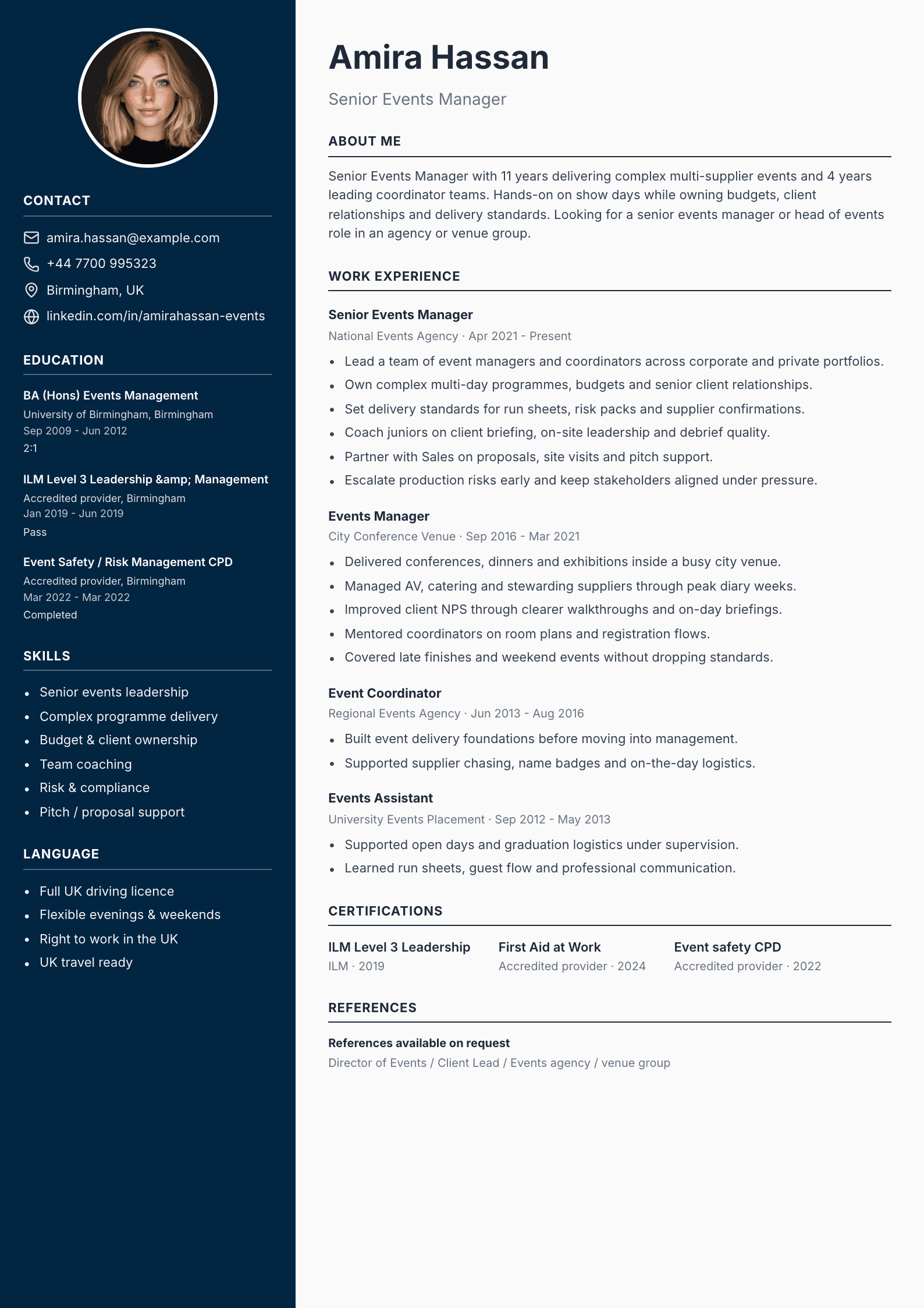 Senior events manager CV template