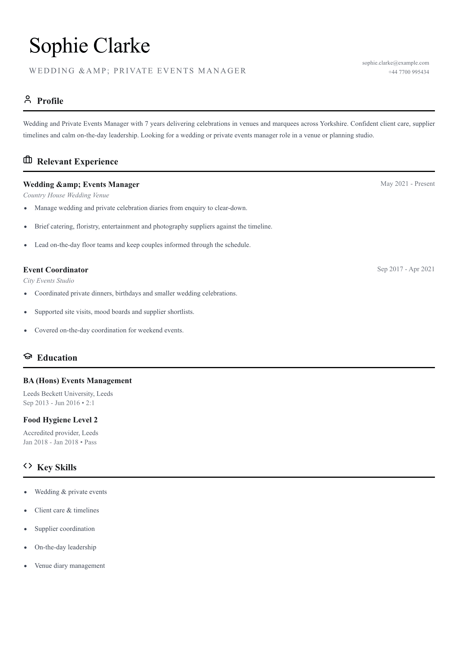 Wedding events manager CV template