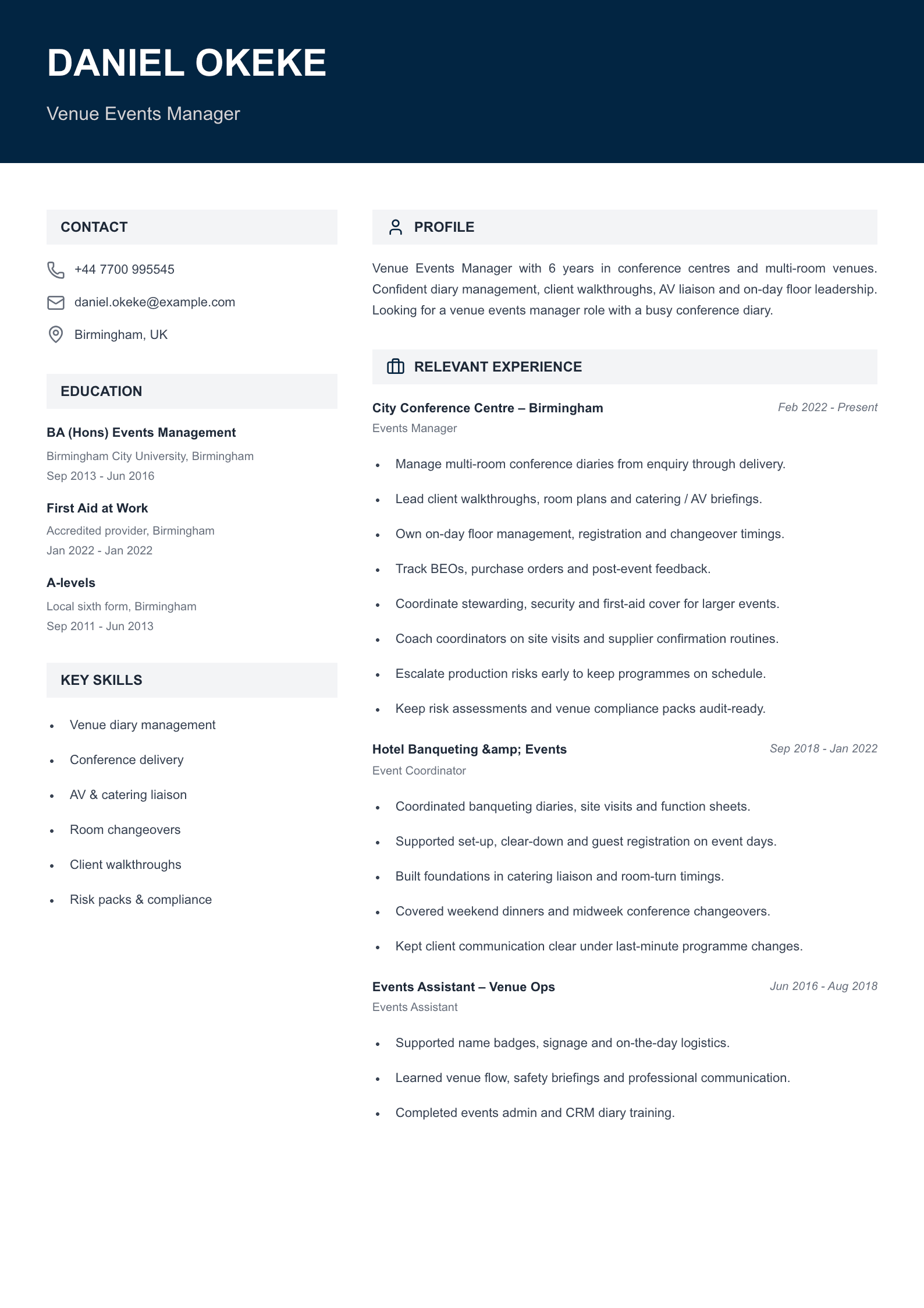 venue events manager CV template