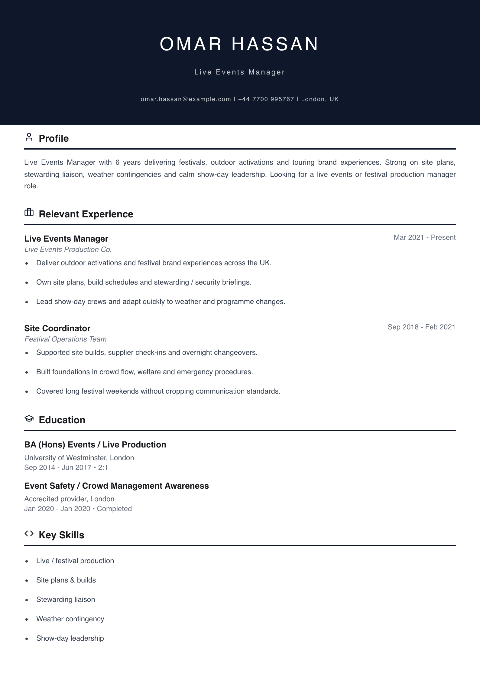 live events manager CV template