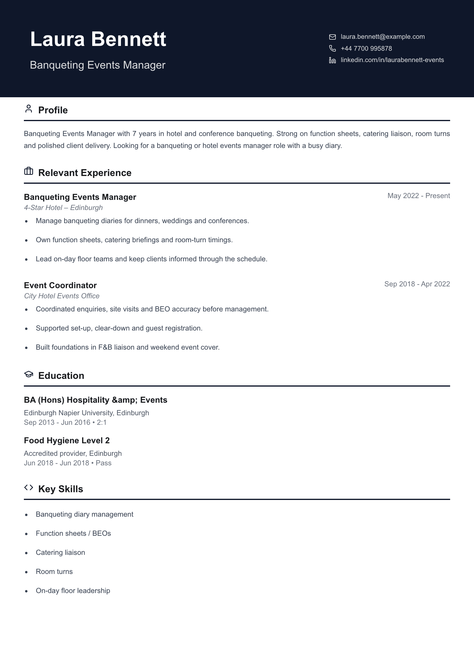 banqueting events manager CV template
