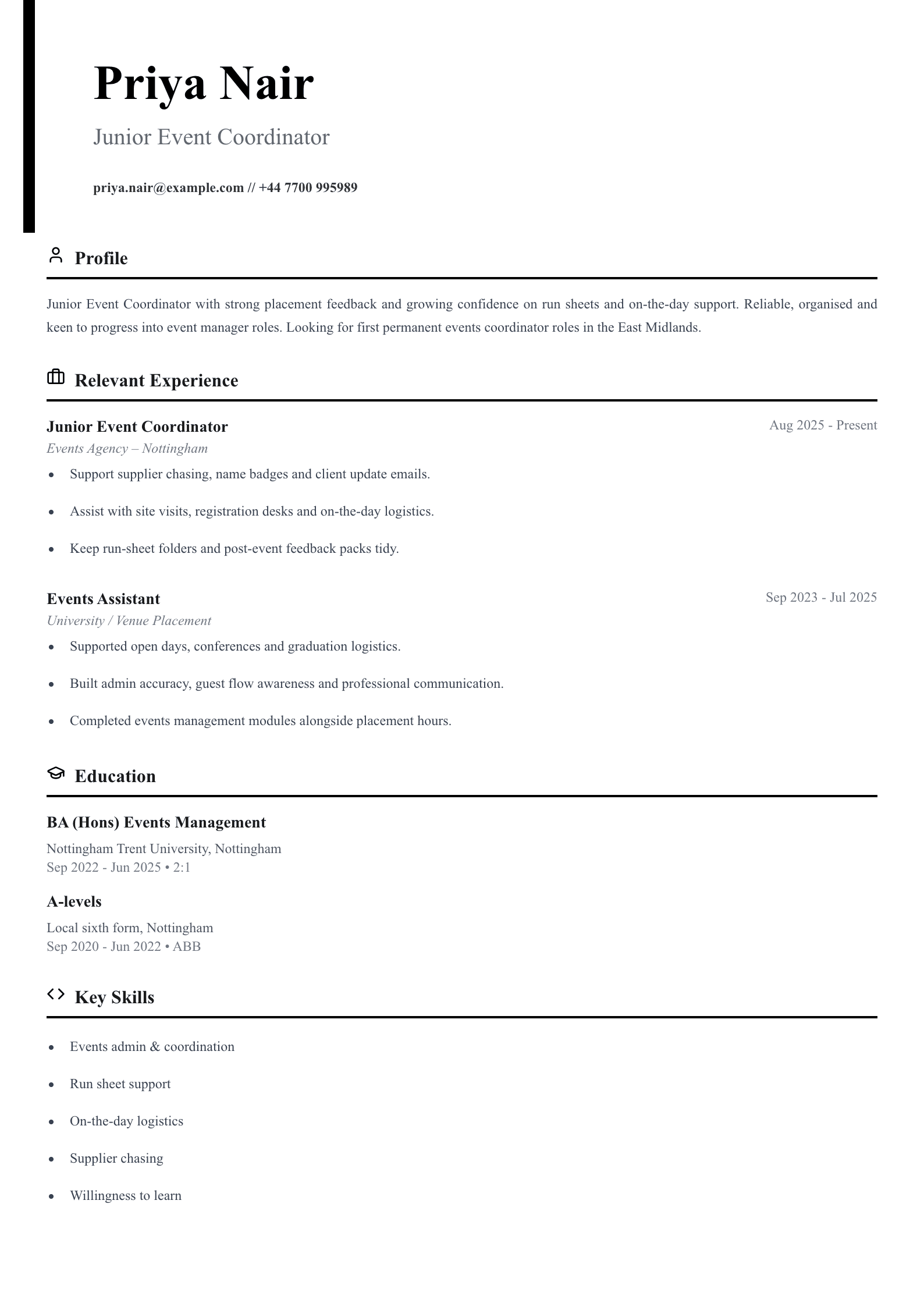 junior event coordinator CV template