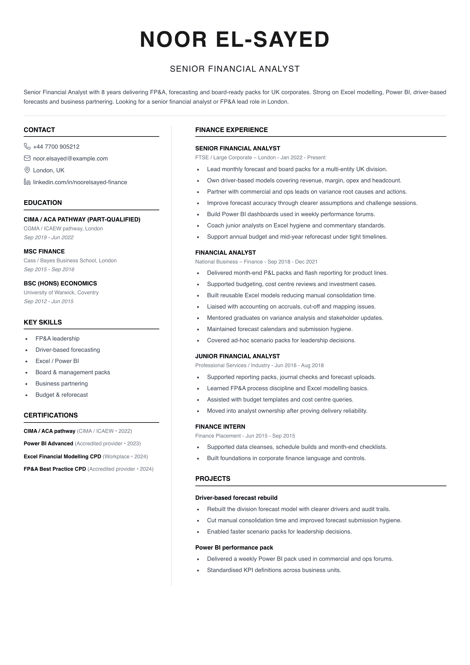 senior financial analyst CV template