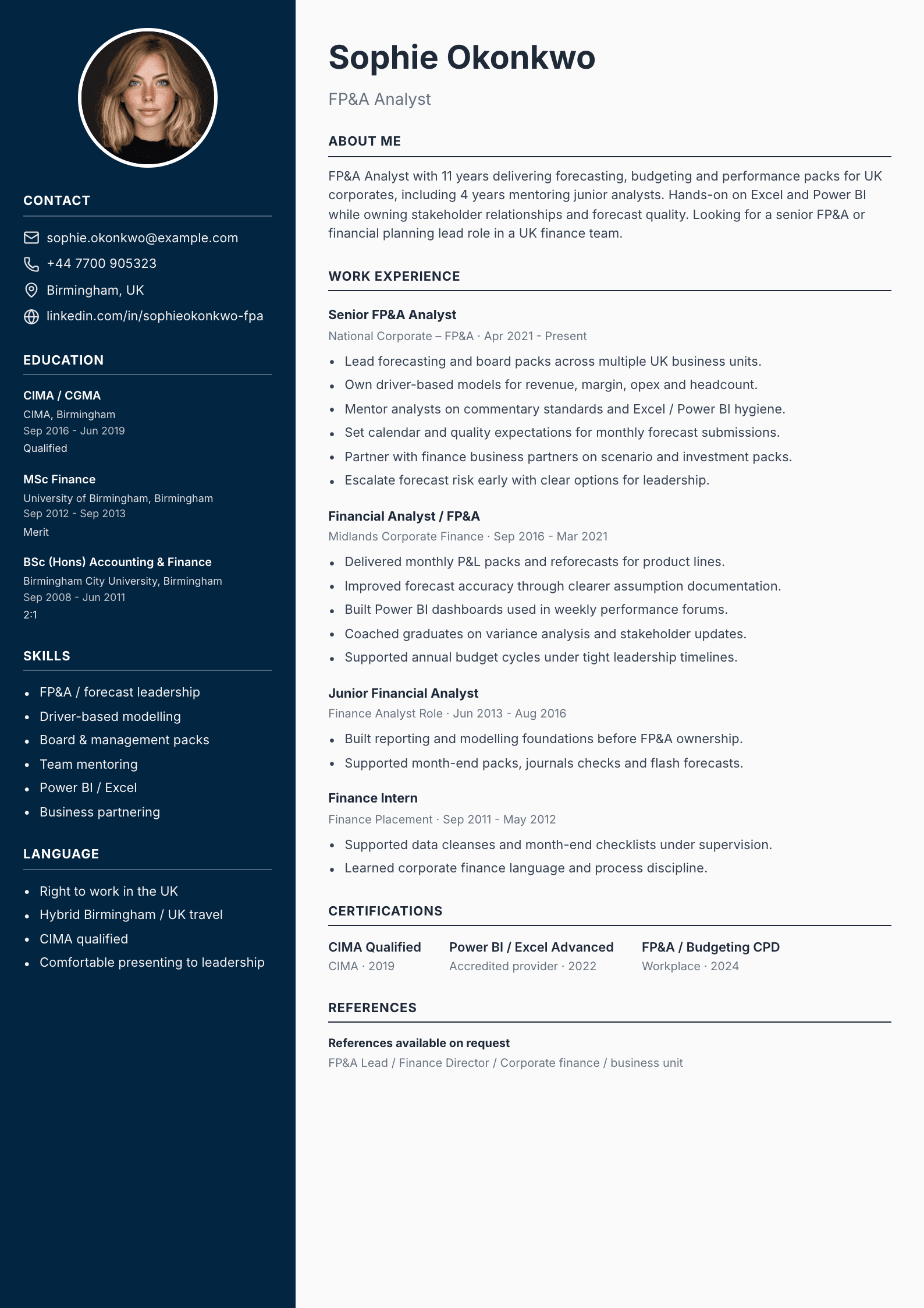 FP&A analyst CV template