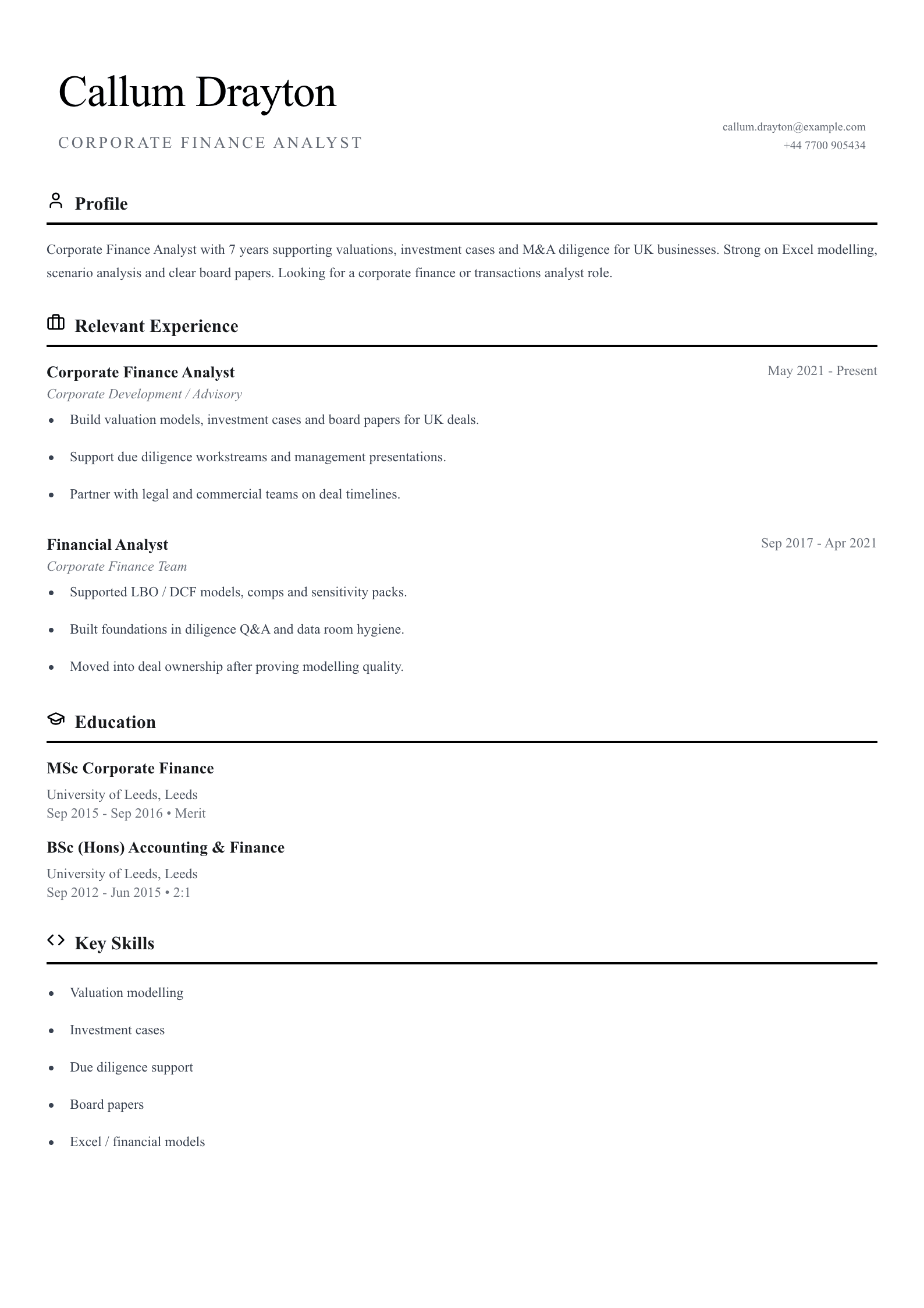 Corporate finance analyst CV template