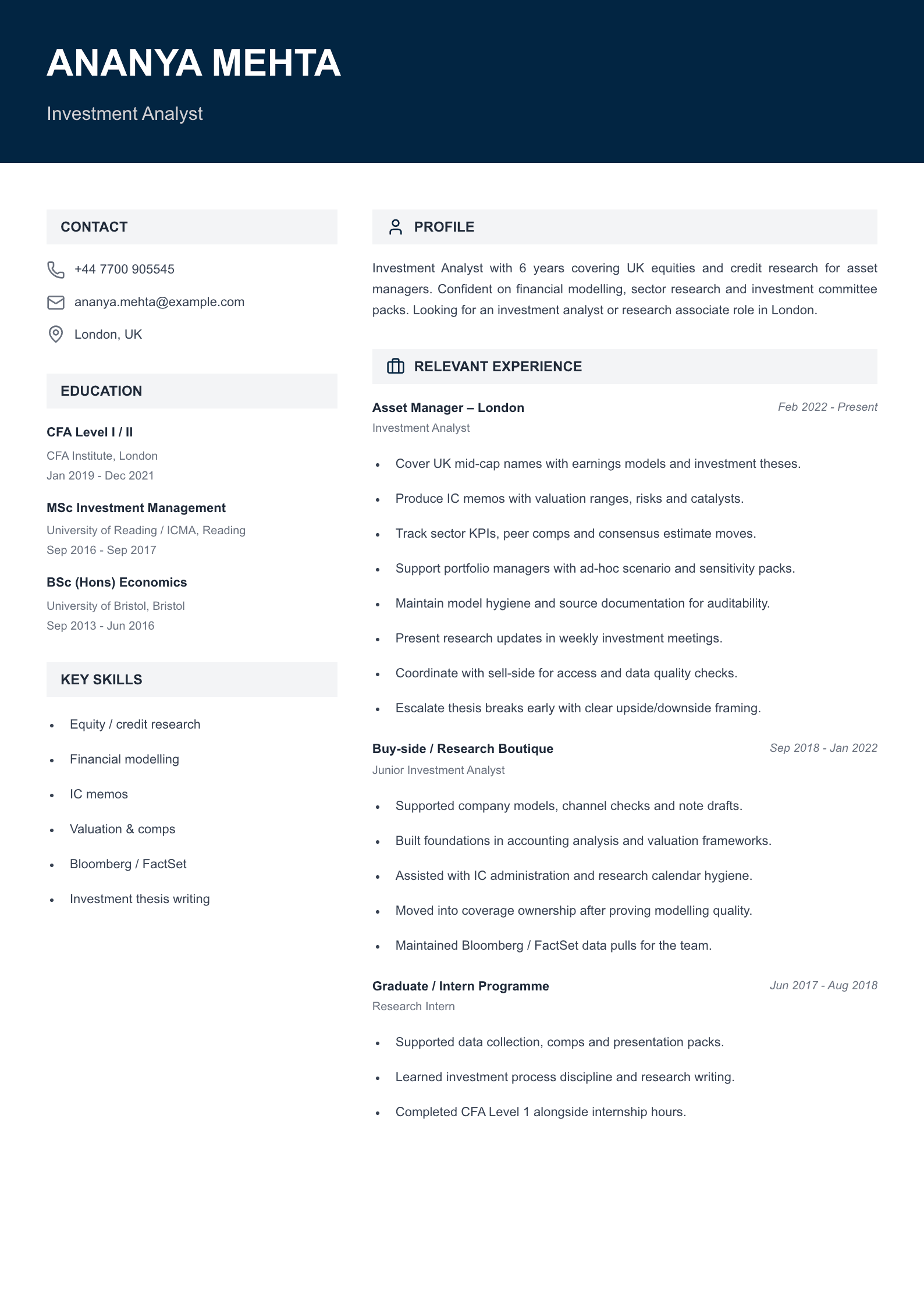 investment analyst CV template