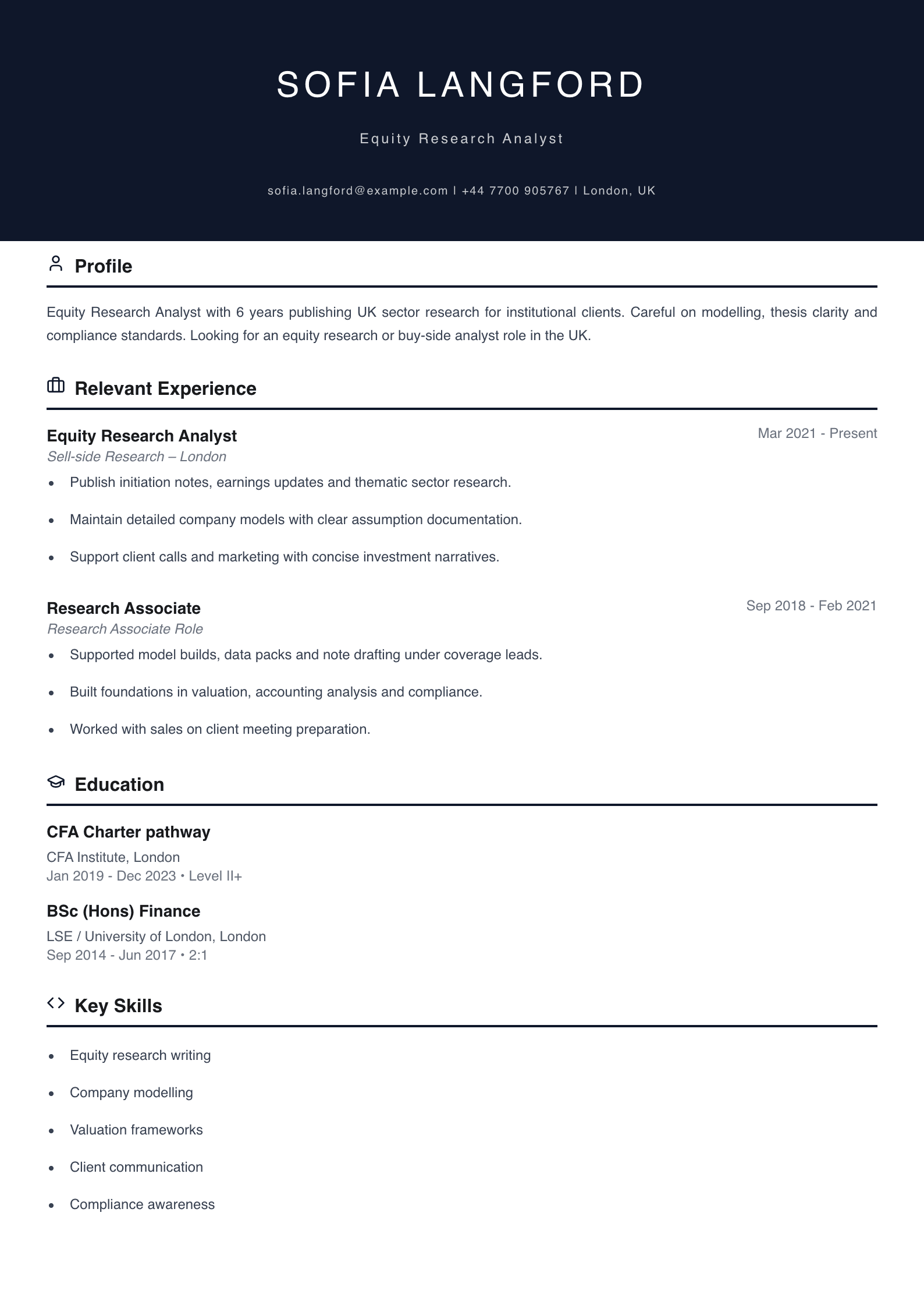 equity research analyst CV template