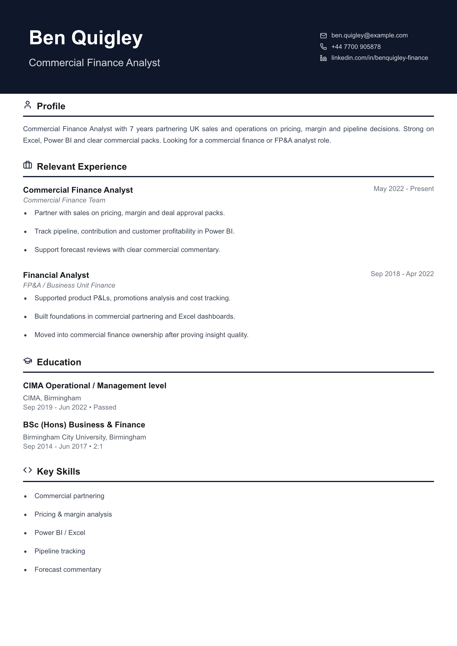 commercial finance analyst CV template