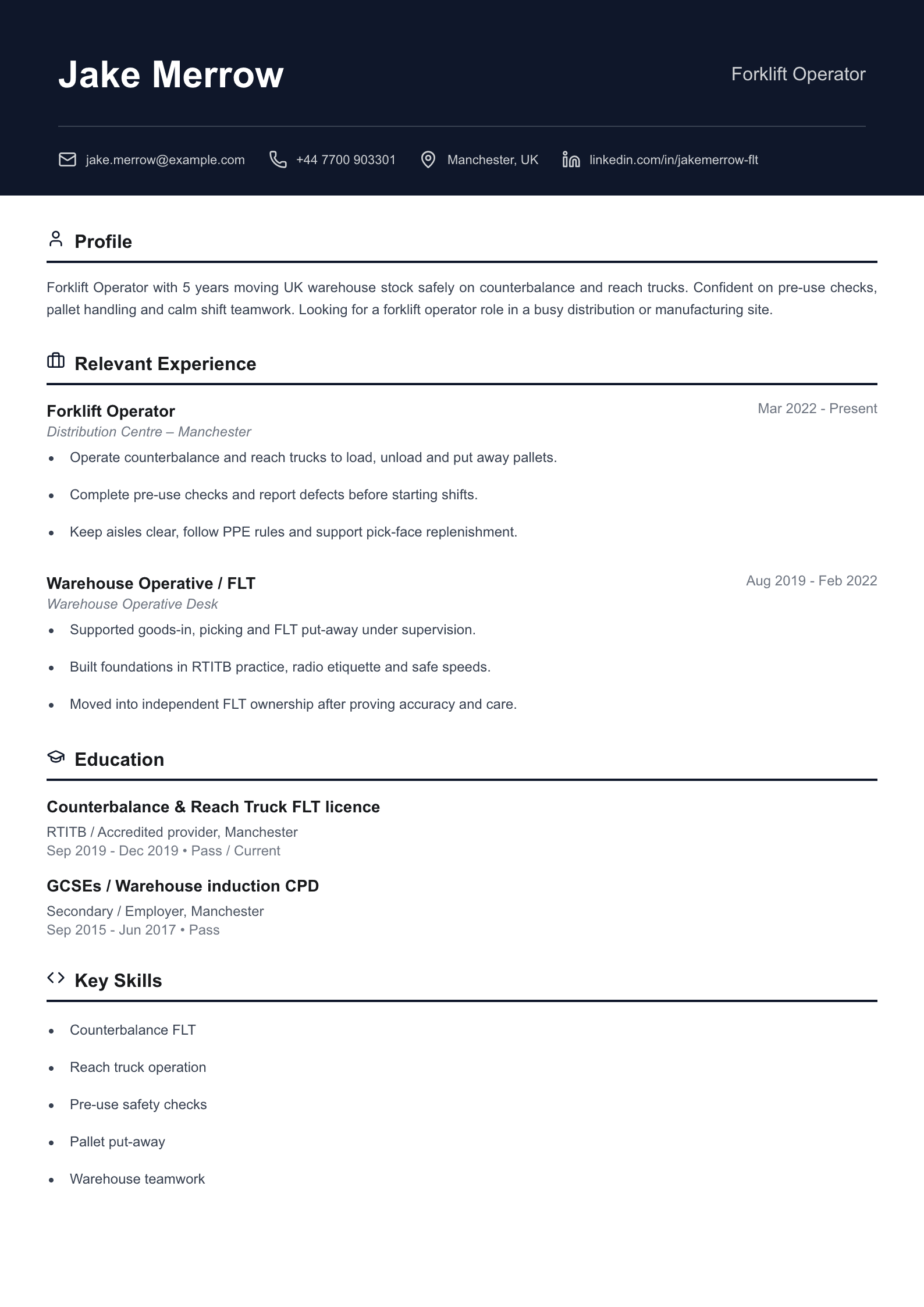 Forklift operator CV template